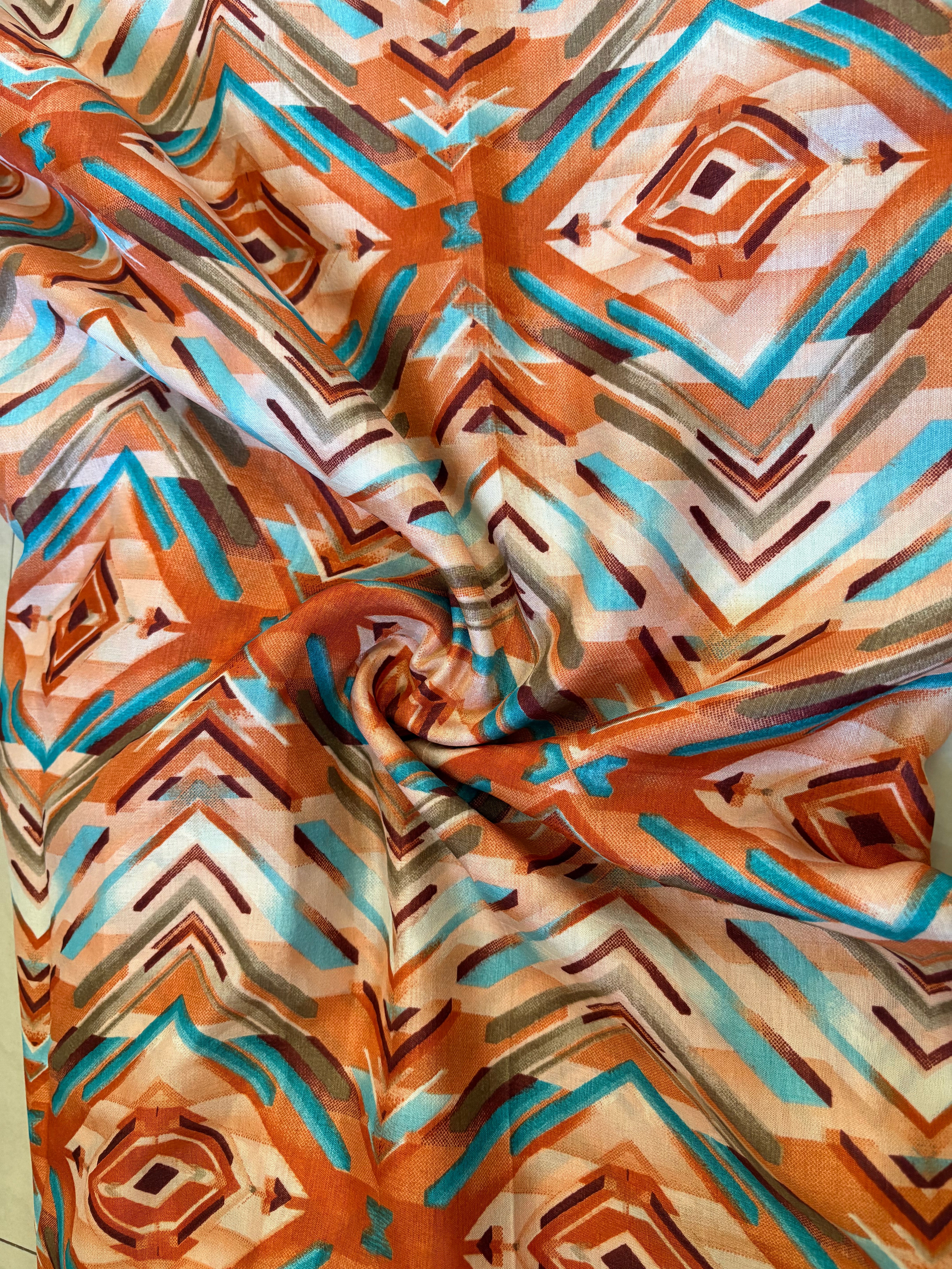 Orange Block Printed Dola Silk Saree