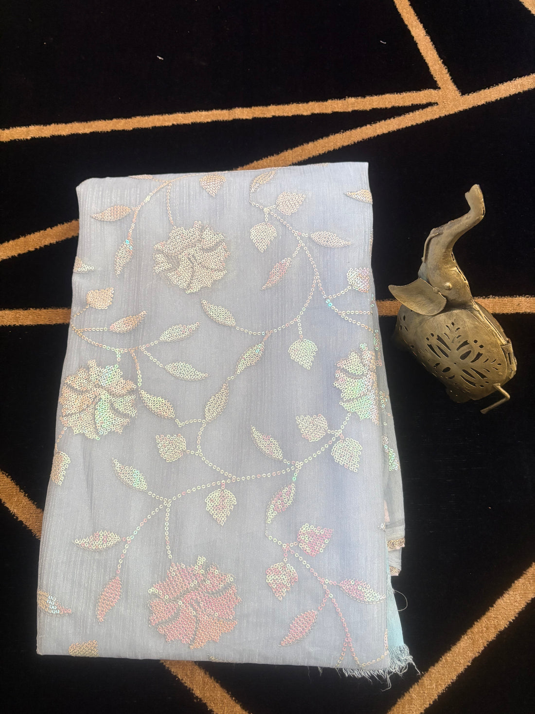 Light Blue Sequin Party Wear Saree