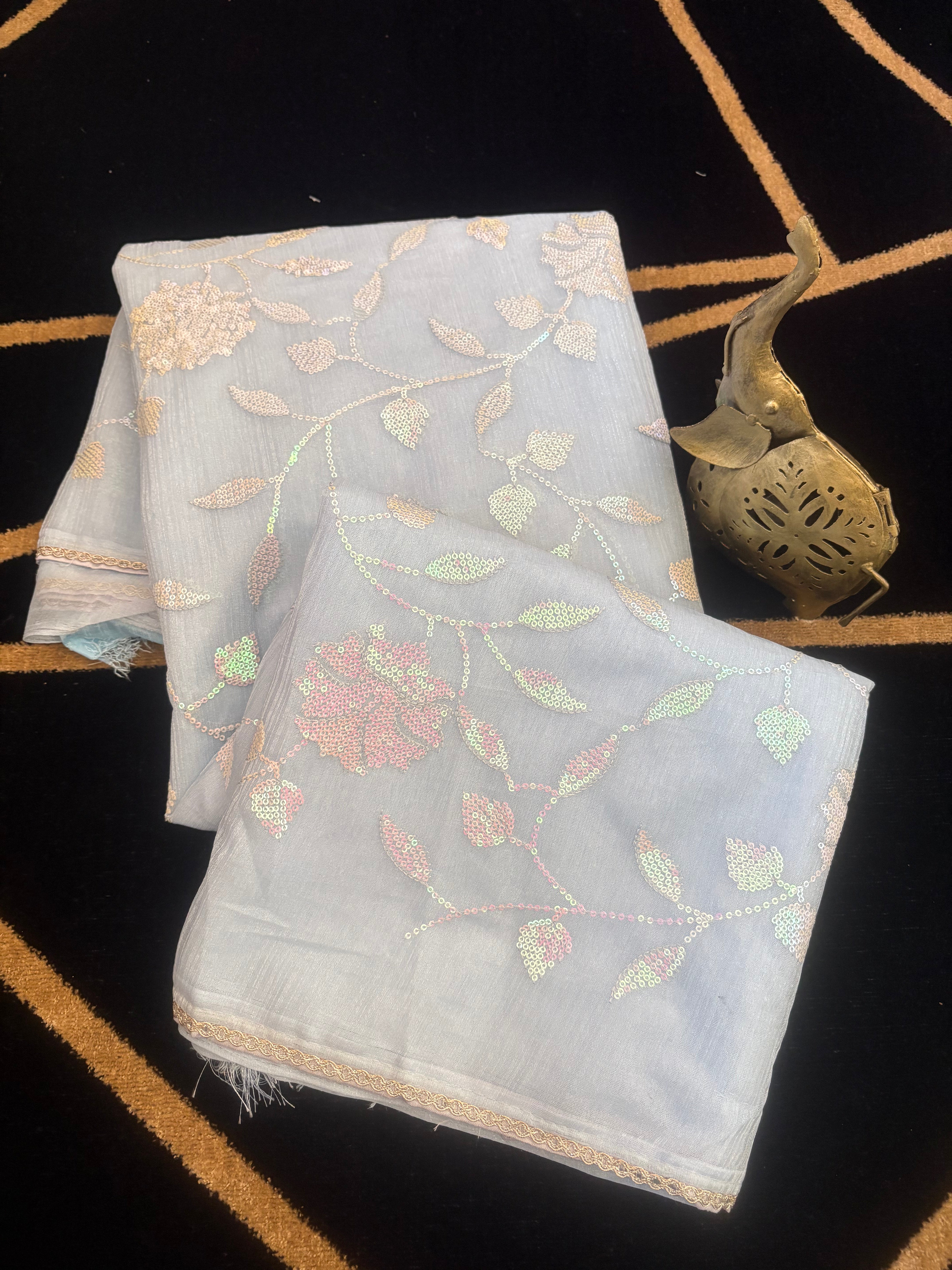 Light Blue Sequin Party Wear Saree