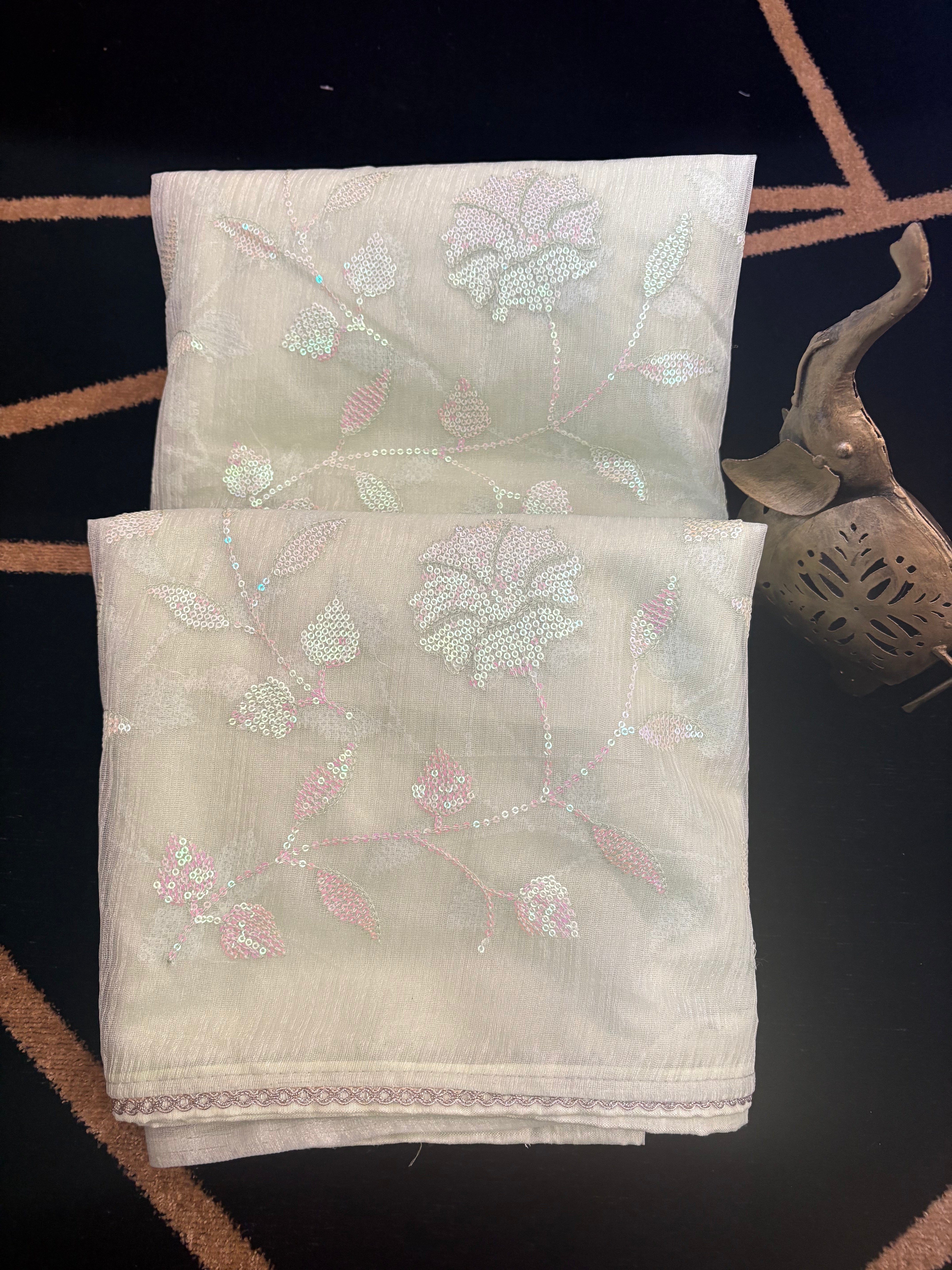 Light Green Sequin Party Wear Saree