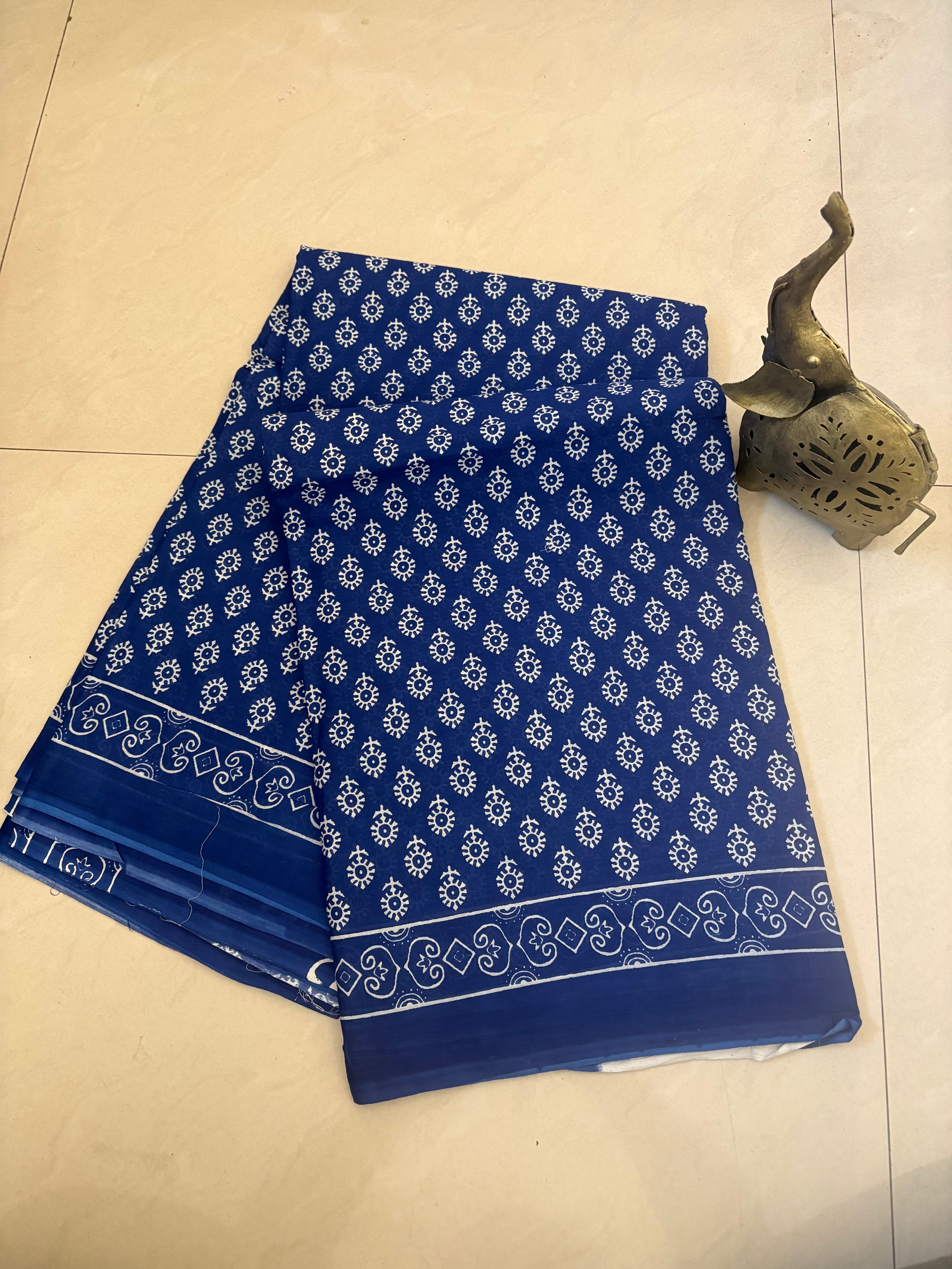 Navy Blue White Ajrakh Printed Cotton Mulmul Saree