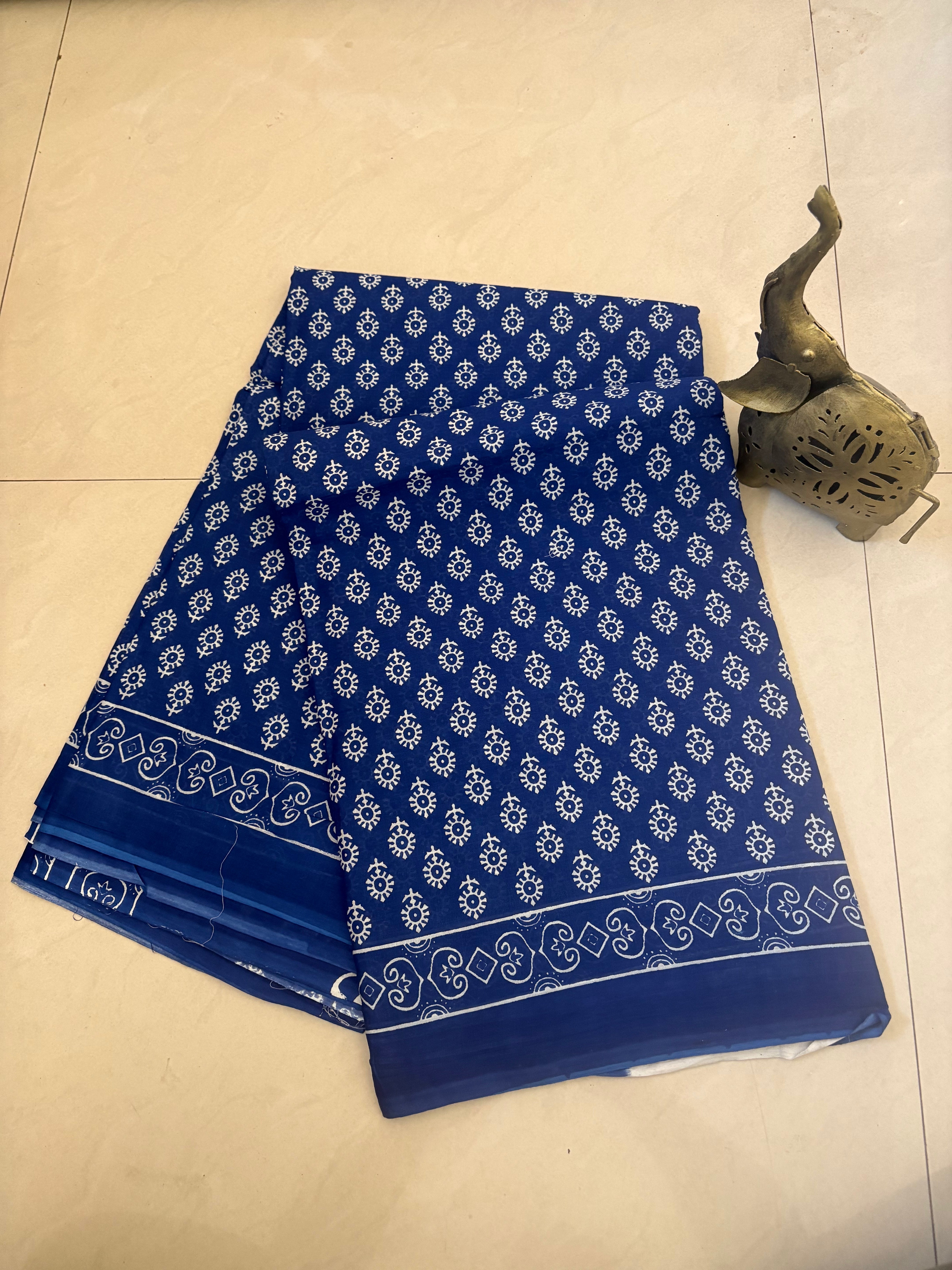 Navy Blue White Ajrakh Printed Cotton Mulmul Saree