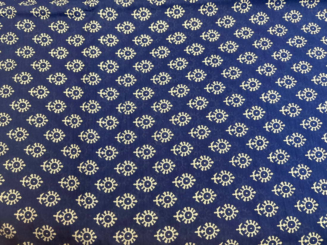 Navy Blue White Ajrakh Printed Cotton Mulmul Saree