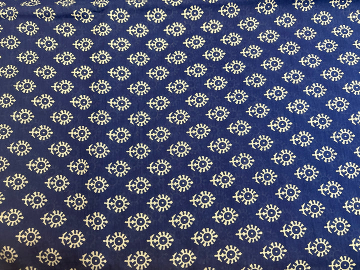 Navy Blue White Ajrakh Printed Cotton Mulmul Saree