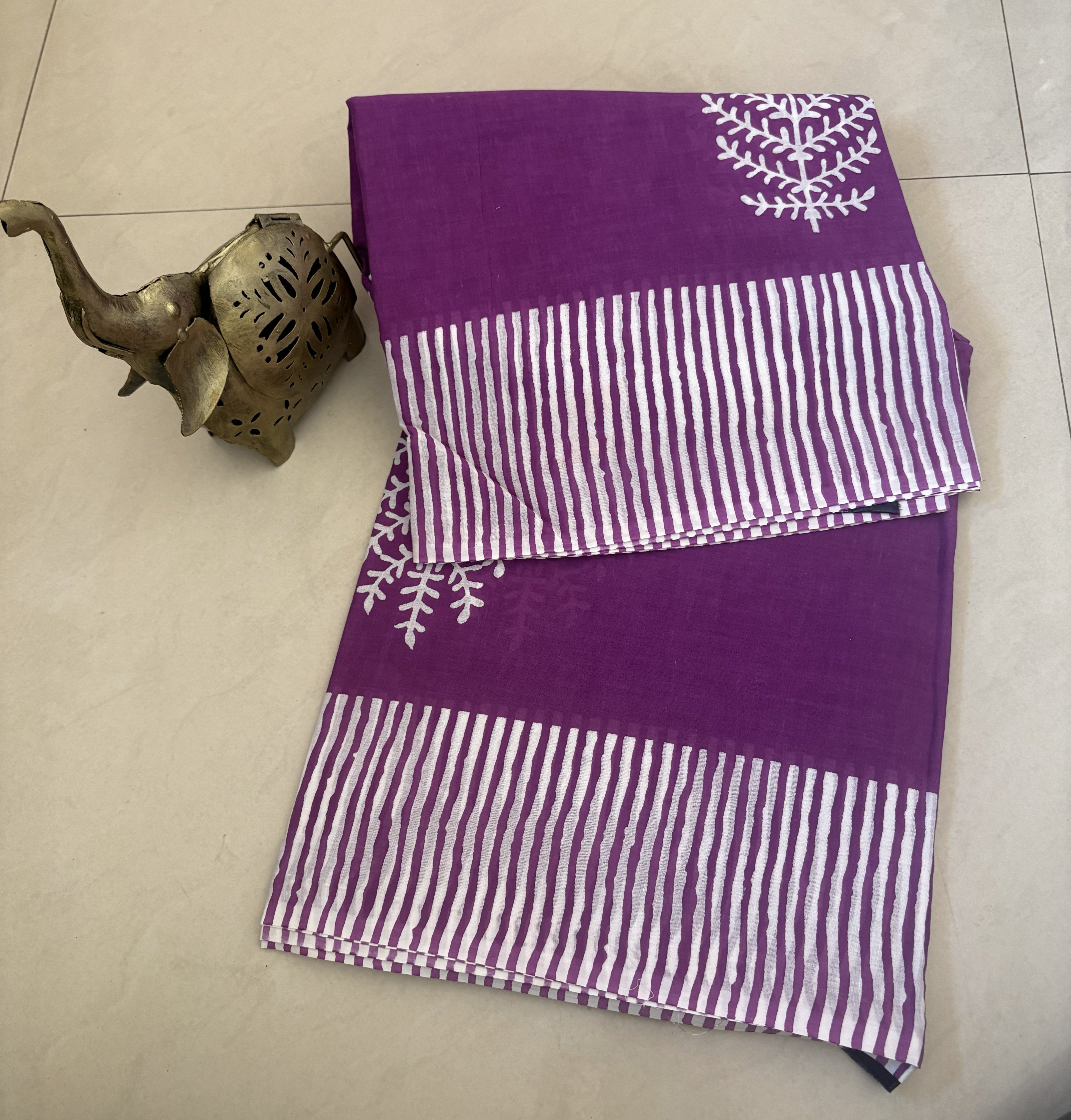 Purple White Tree Print Cotton Mulmul Saree