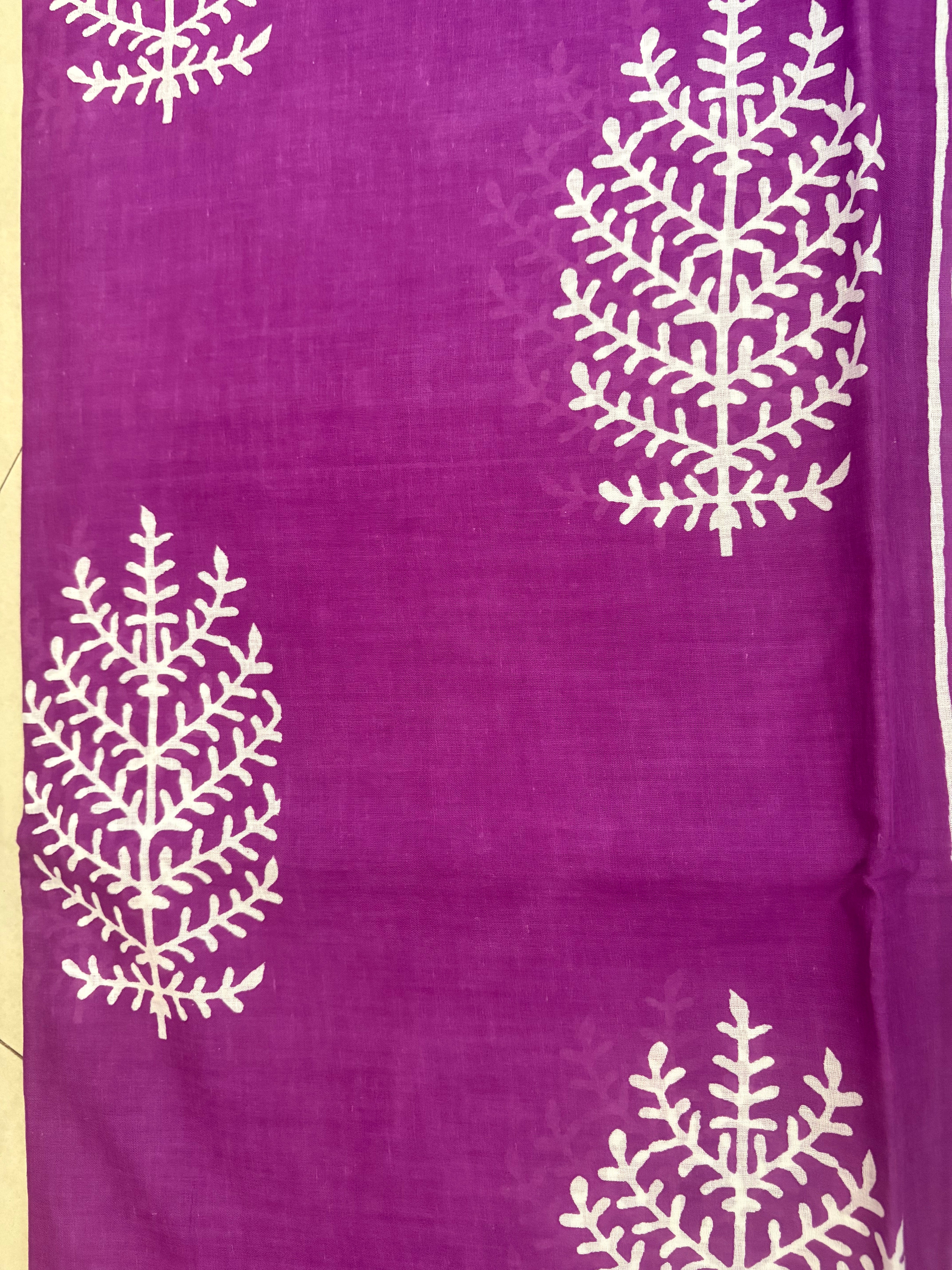 Purple White Tree Print Cotton Mulmul Saree