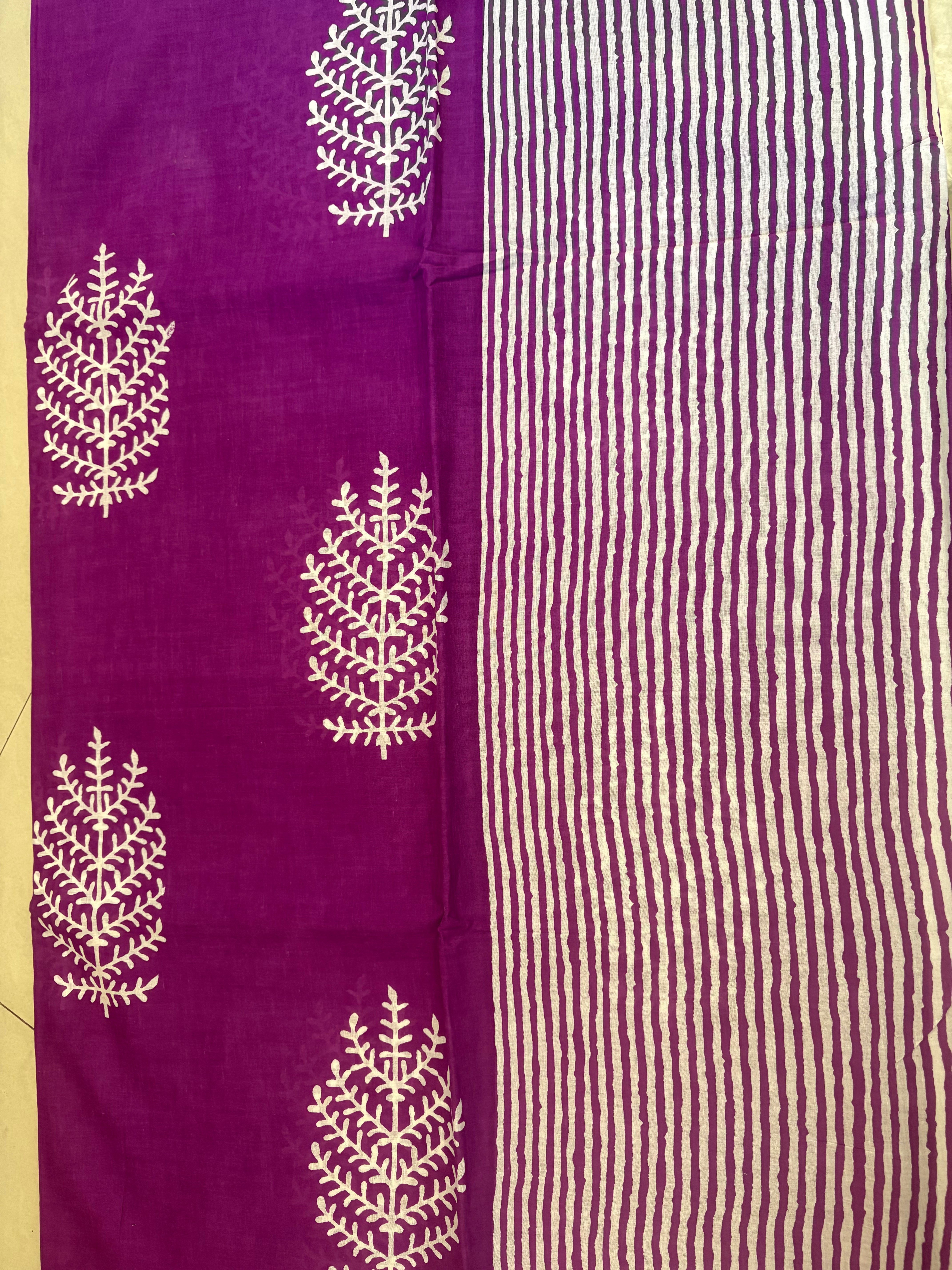 Purple White Tree Print Cotton Mulmul Saree