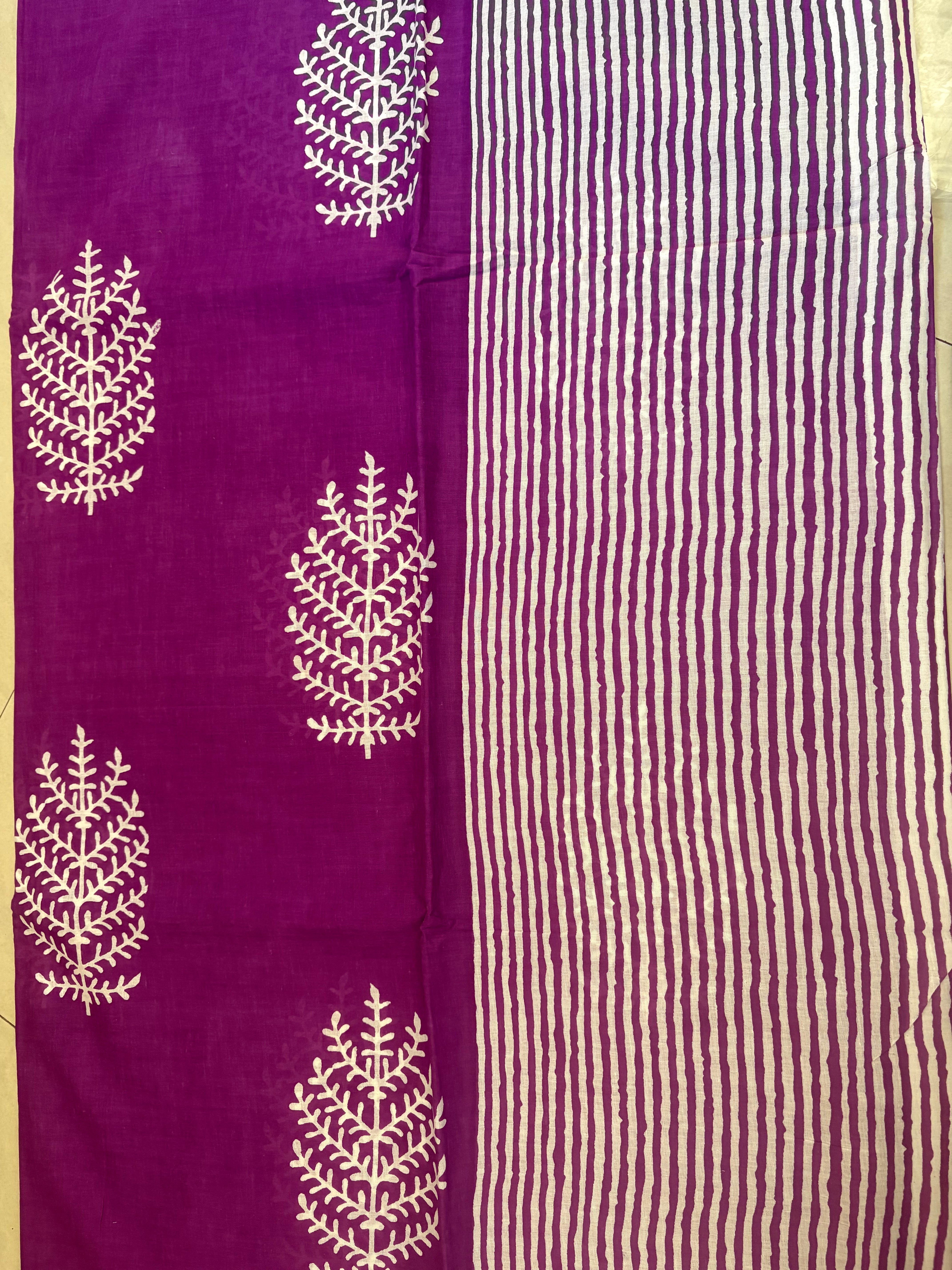 Purple White Tree Print Cotton Mulmul Saree