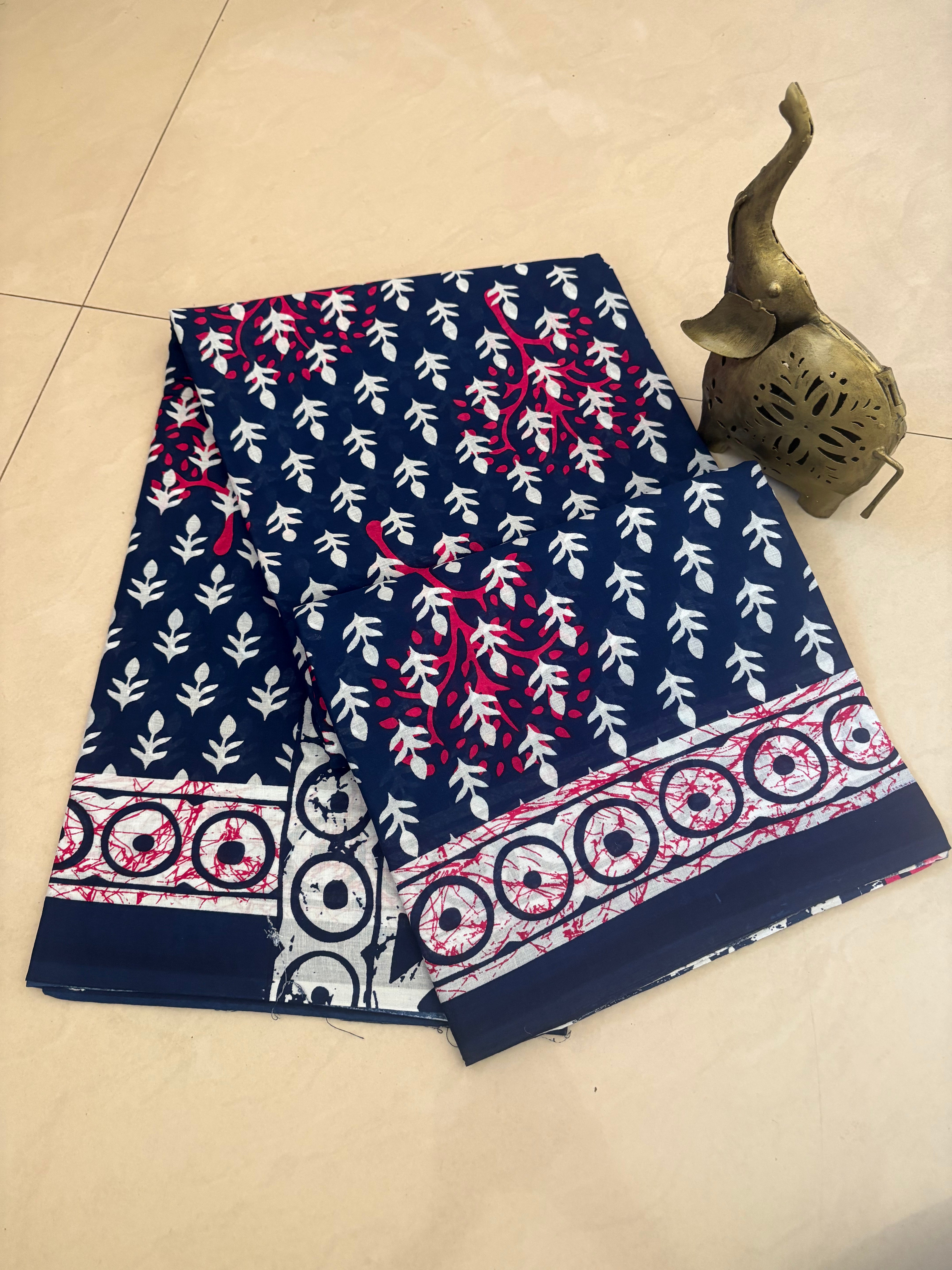 Pink Green Floral Printed Cotton Mulmul Saree