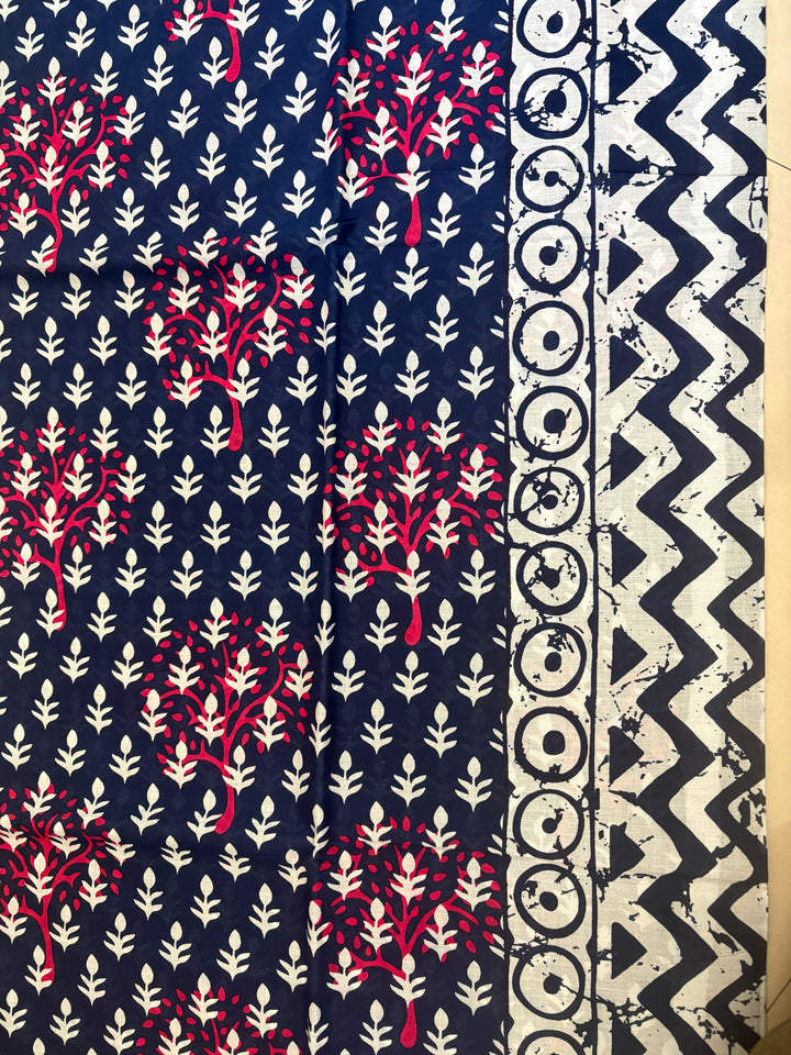 Pink Green Floral Printed Cotton Mulmul Saree