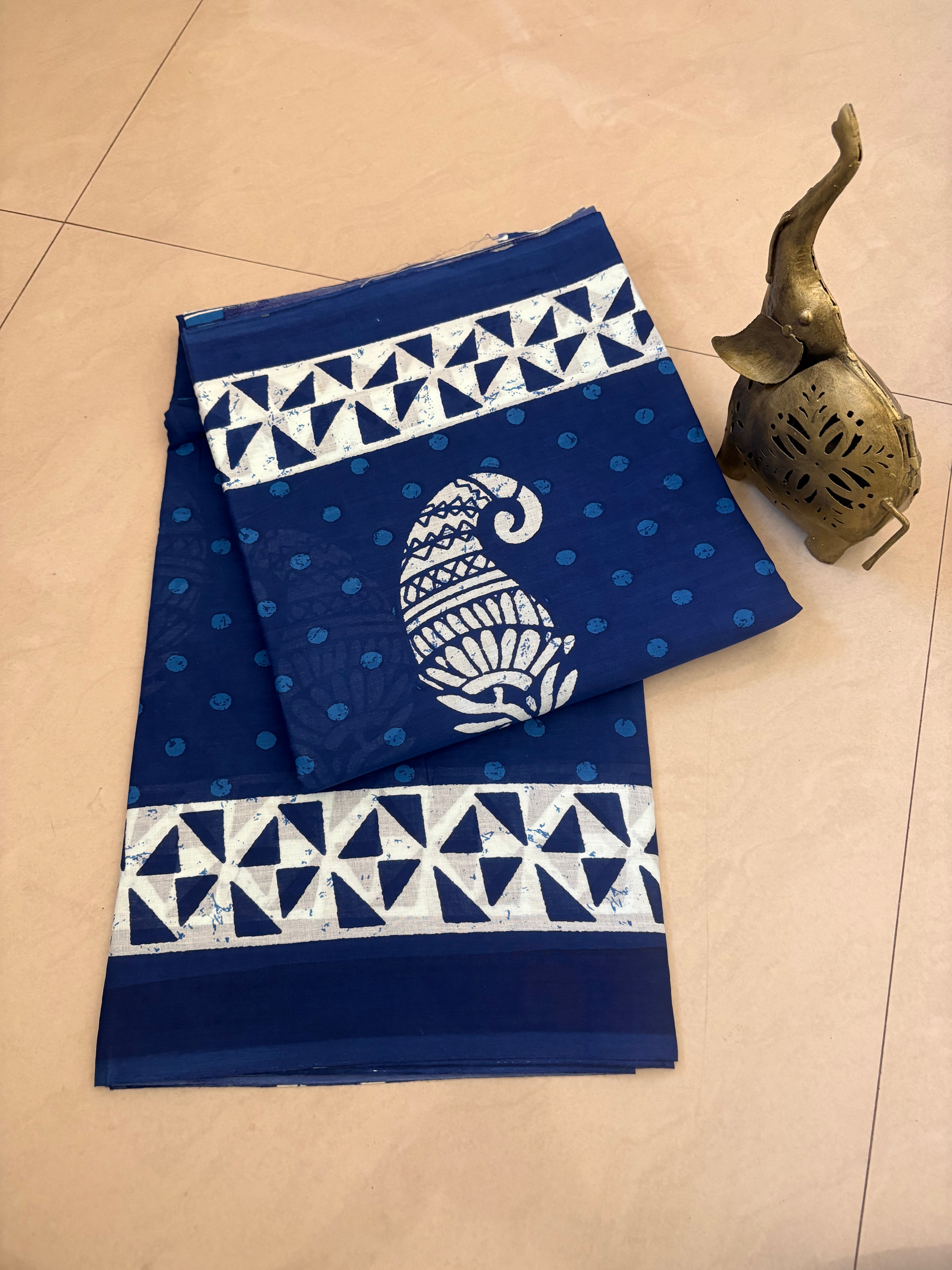 Ocean Blue White Leaf Printed Cotton Mulmul Saree
