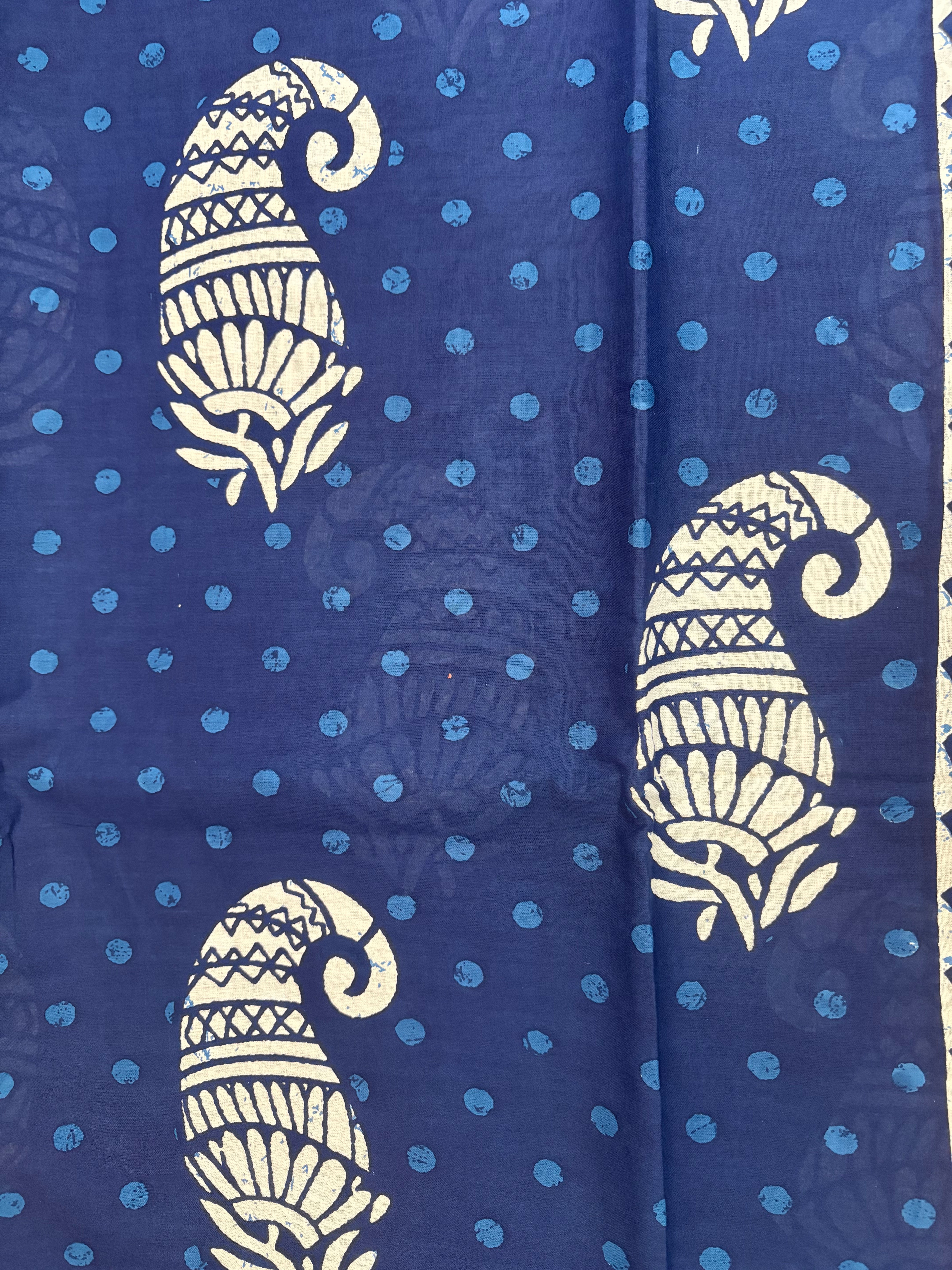 Ocean Blue White Leaf Printed Cotton Mulmul Saree