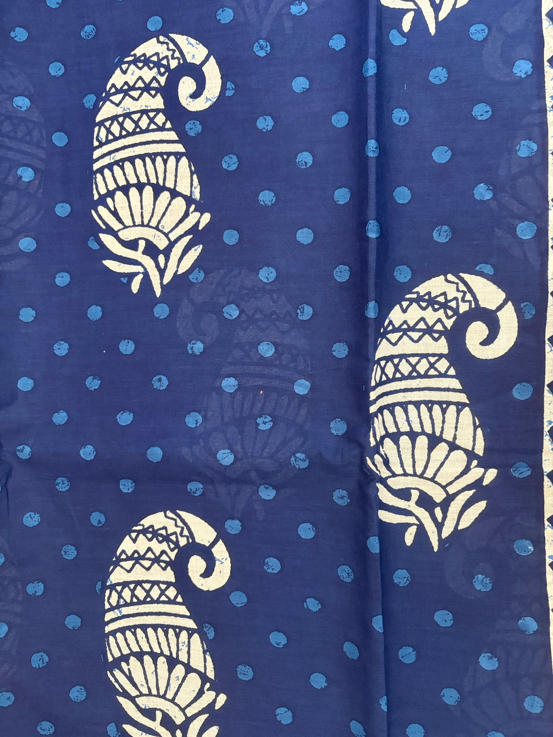 Ocean Blue White Leaf Printed Cotton Mulmul Saree