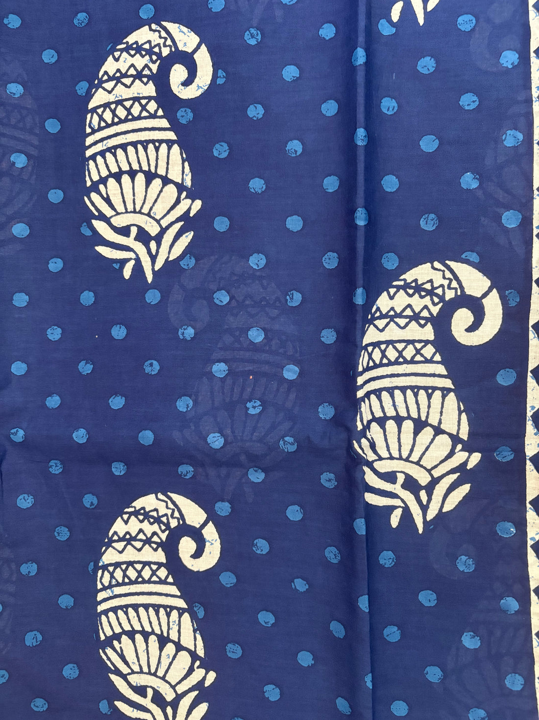 Ocean Blue White Leaf Printed Cotton Mulmul Saree