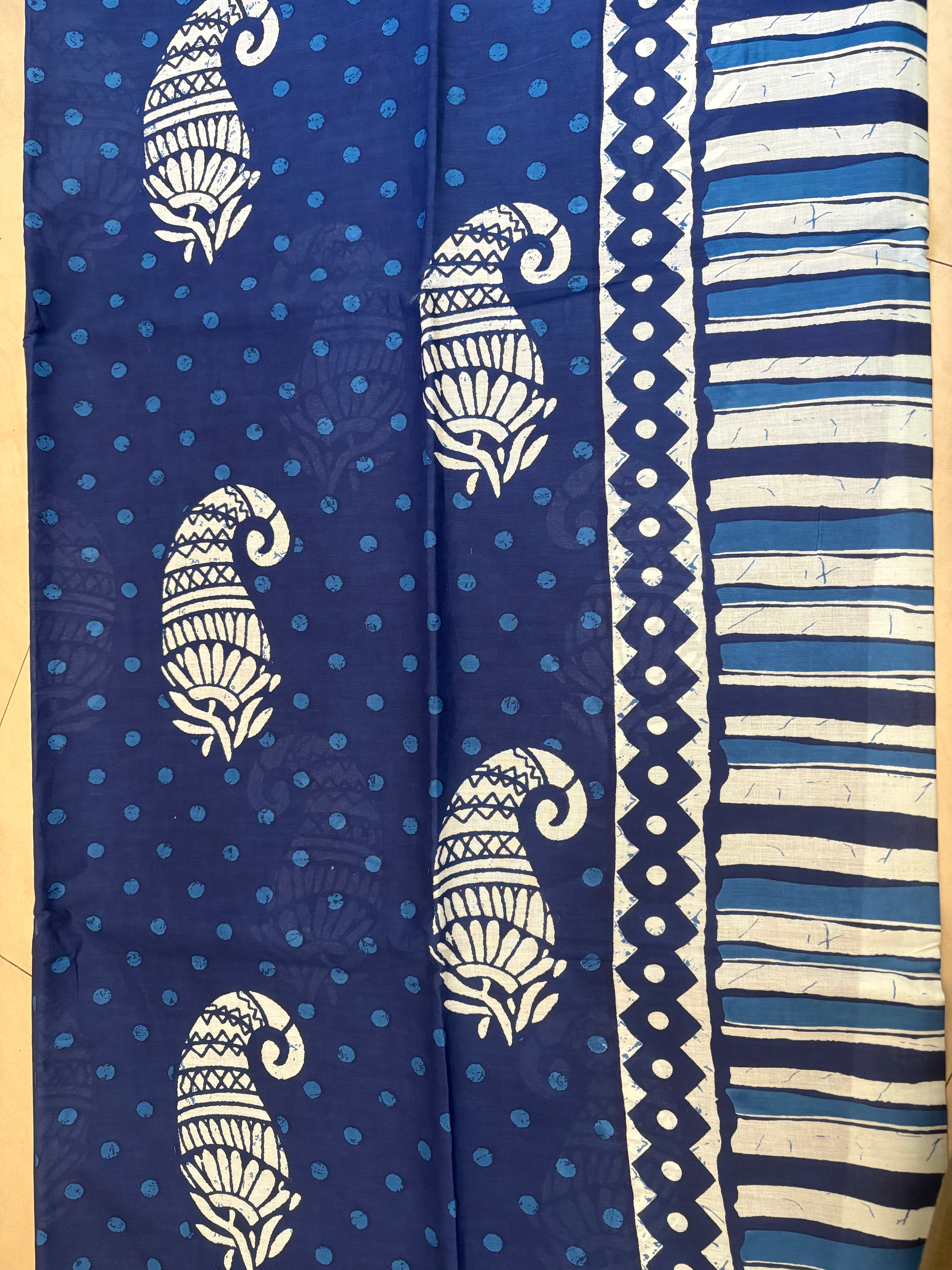 Ocean Blue White Leaf Printed Cotton Mulmul Saree