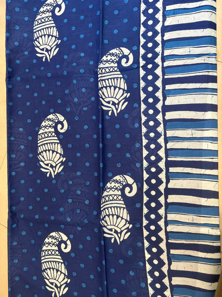 Ocean Blue White Leaf Printed Cotton Mulmul Saree