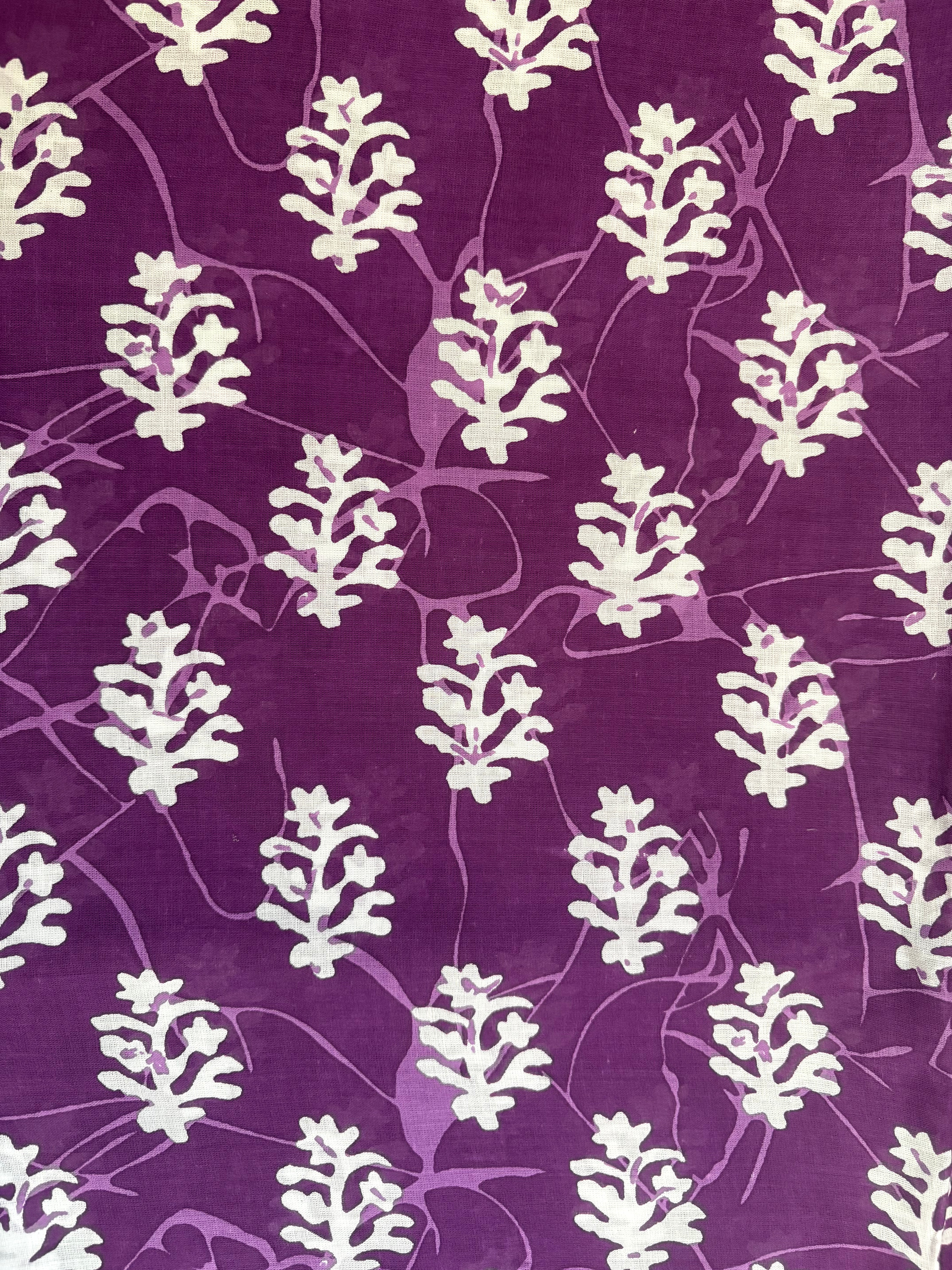 Purple White Leaf Printed Cotton Mulmul Saree