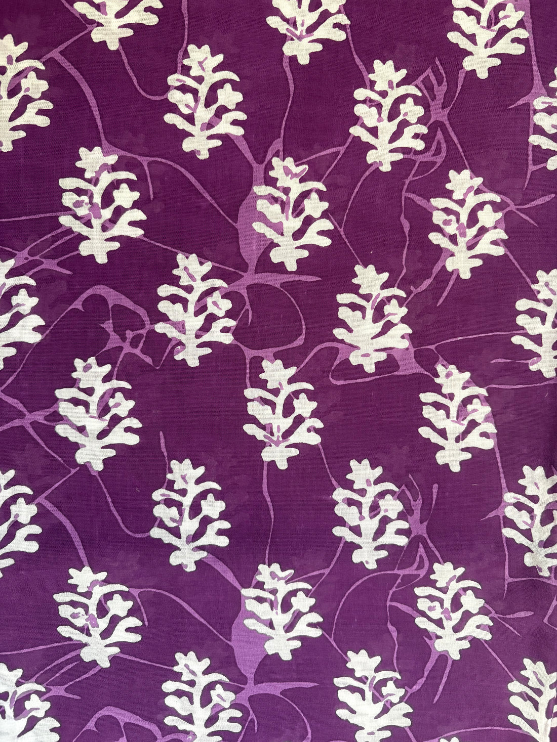 Purple White Leaf Printed Cotton Mulmul Saree