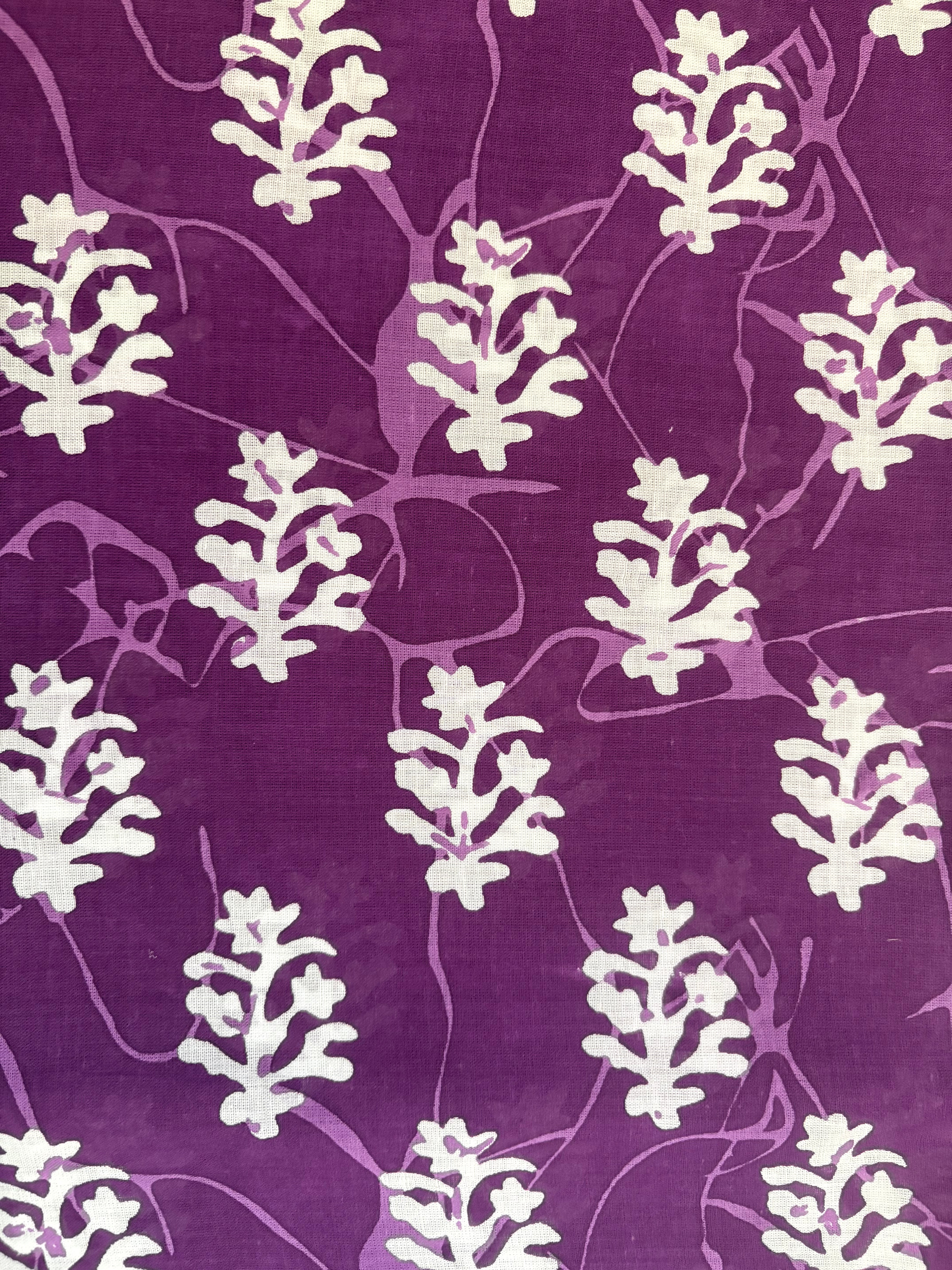 Purple White Leaf Printed Cotton Mulmul Saree