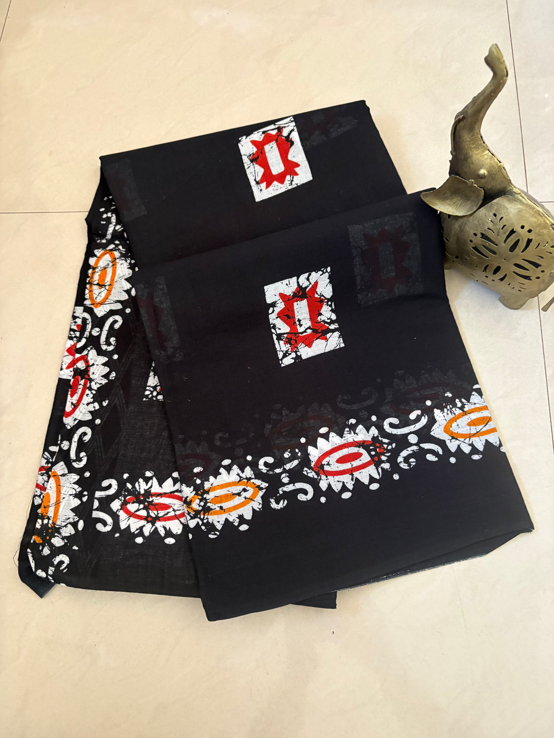 Black Batik Printed Cotton Mulmul Saree