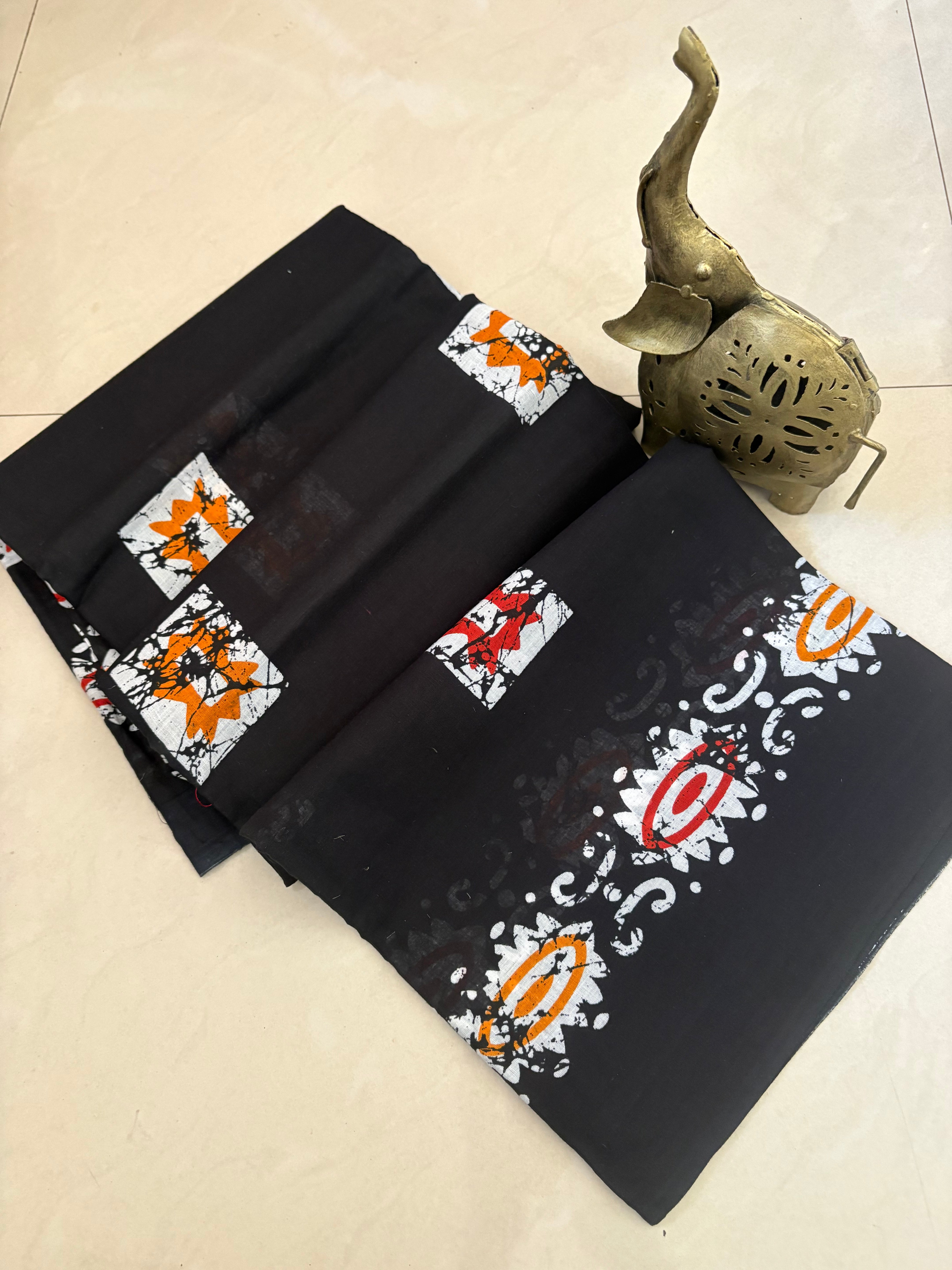 Black Batik Printed Cotton Mulmul Saree