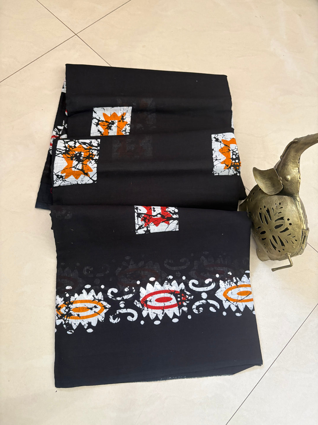 Black Batik Printed Cotton Mulmul Saree