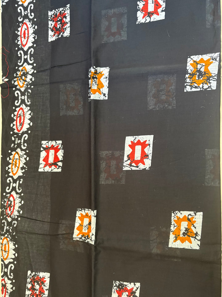 Black Batik Printed Cotton Mulmul Saree