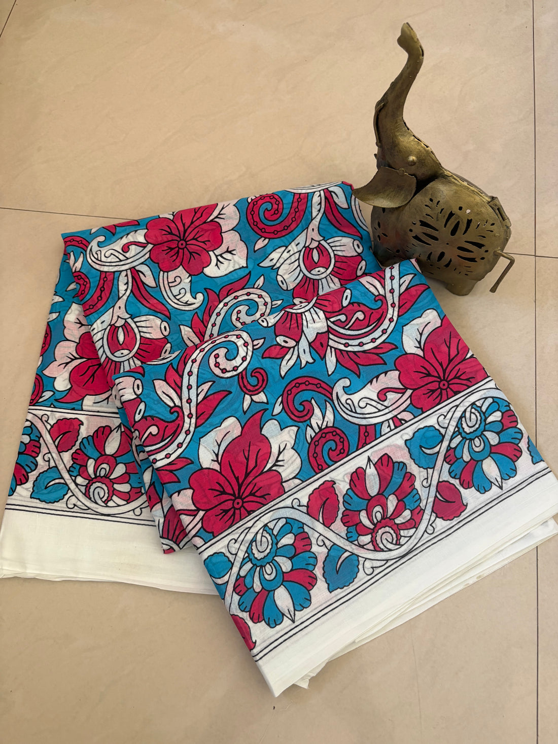 Blue Red Kalamkari Printed Cotton Mulmul Saree