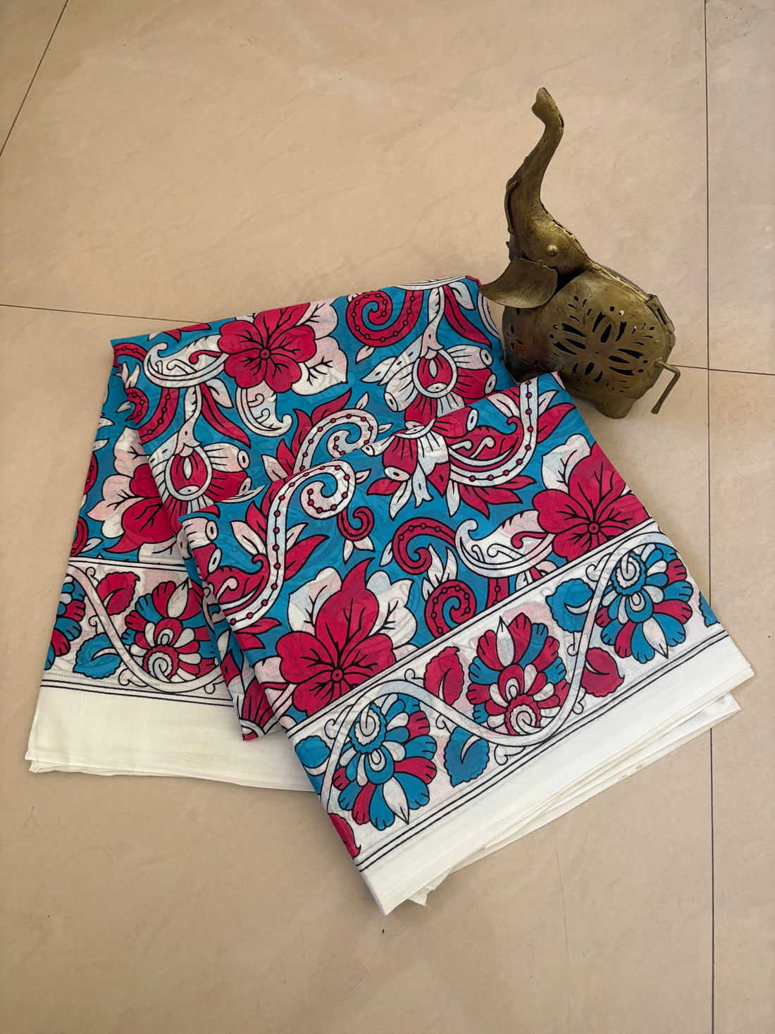 Blue Red Kalamkari Printed Cotton Mulmul Saree