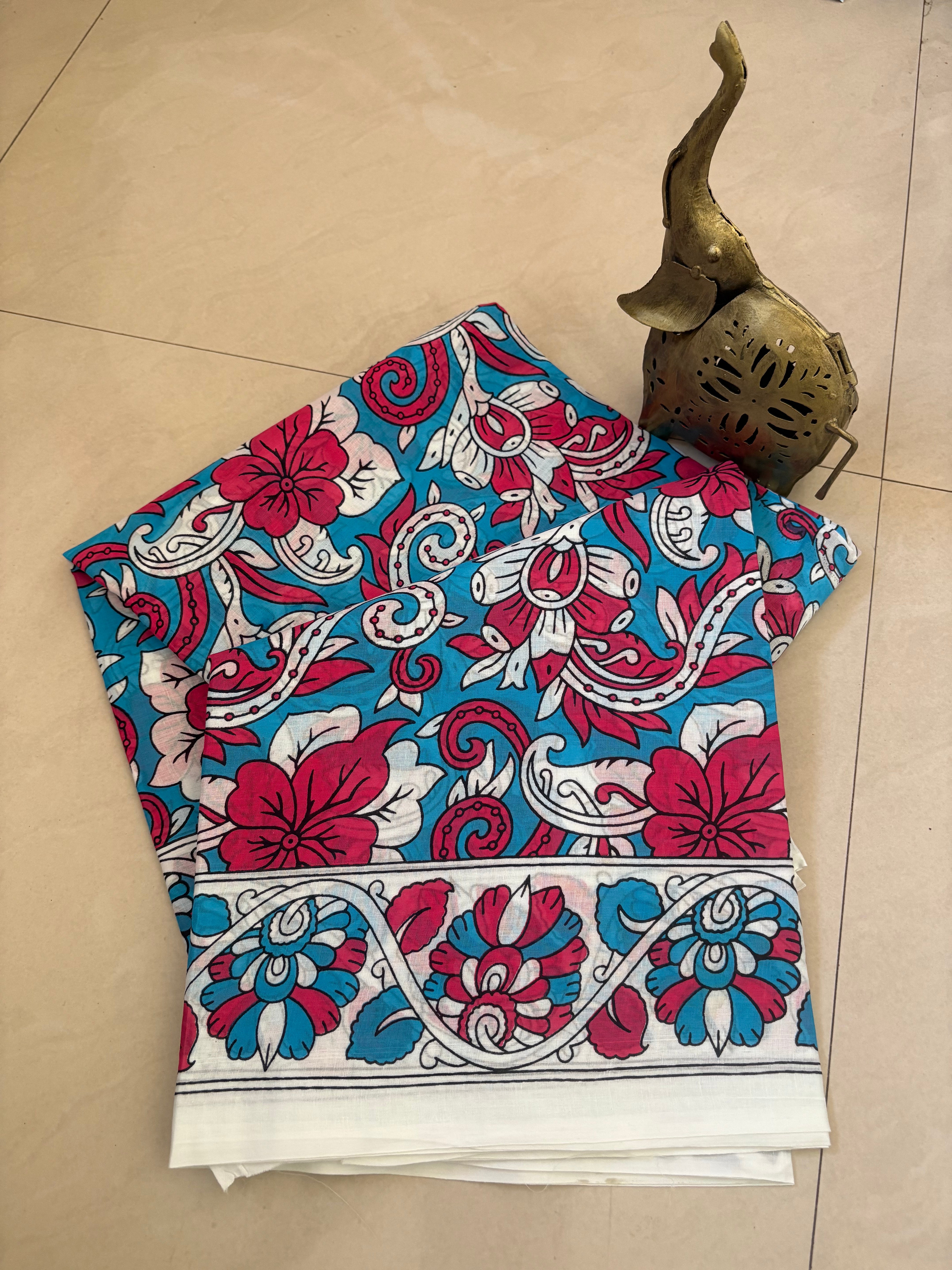 Blue Red Kalamkari Printed Cotton Mulmul Saree