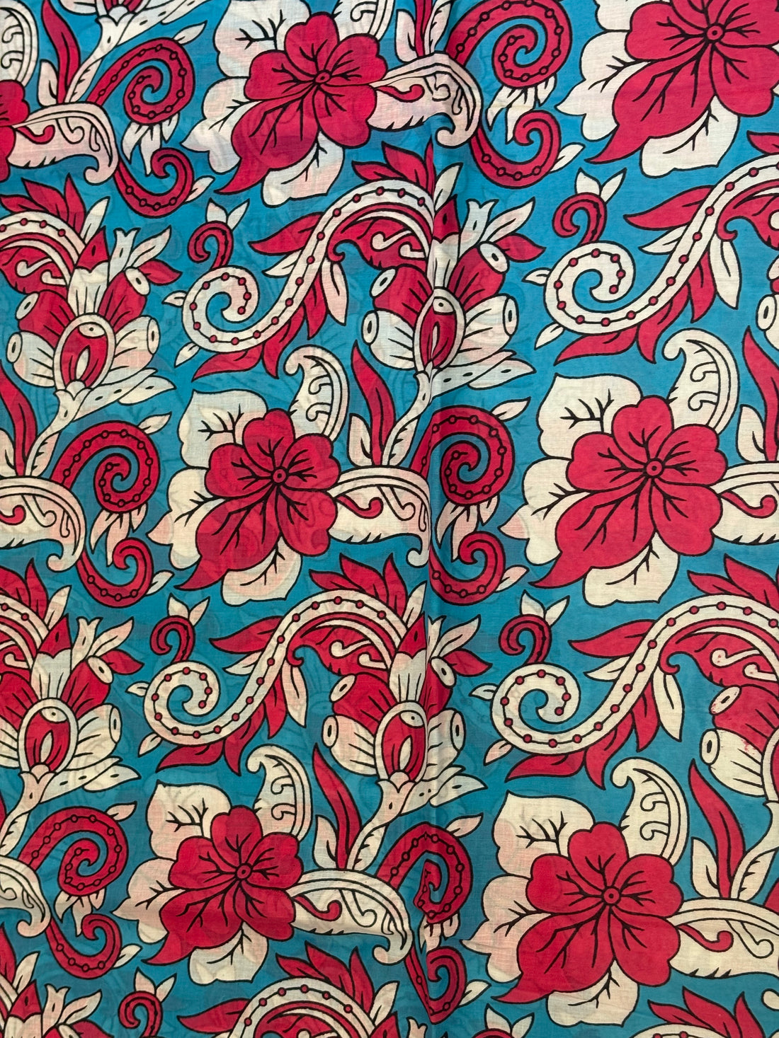 Blue Red Kalamkari Printed Cotton Mulmul Saree