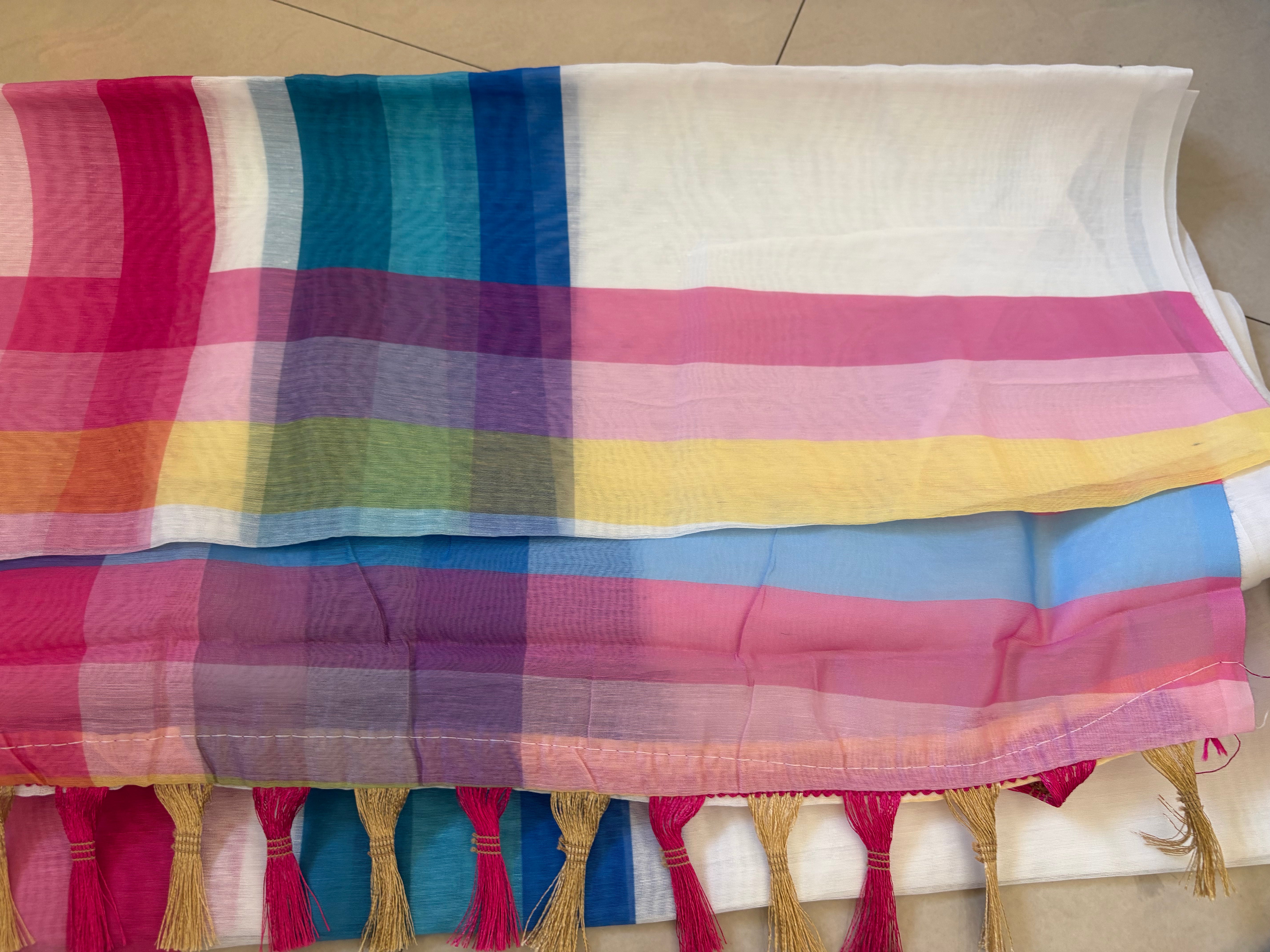 White Rainbow Cotton Saree