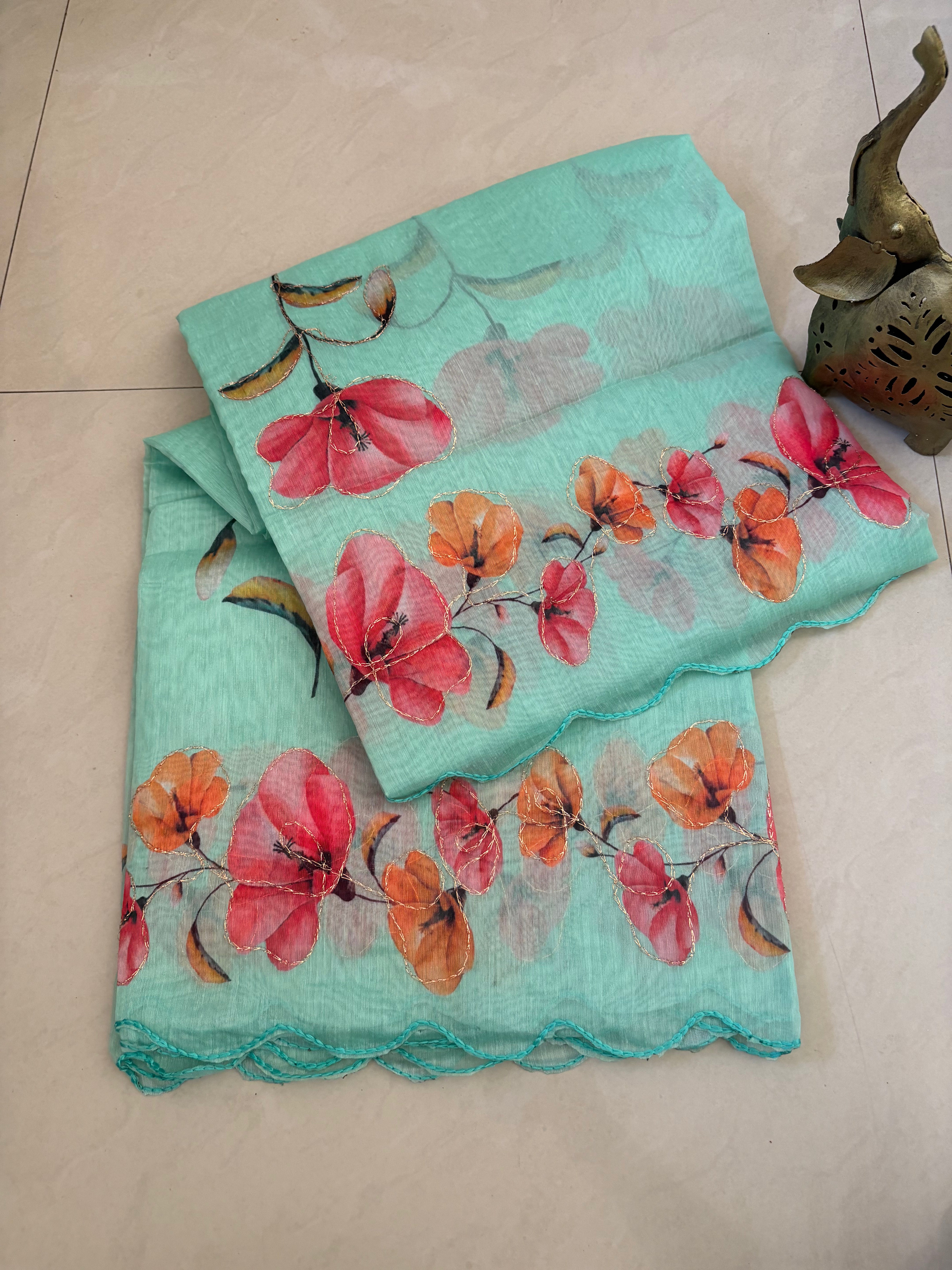 Teal Floral Cotton Saree