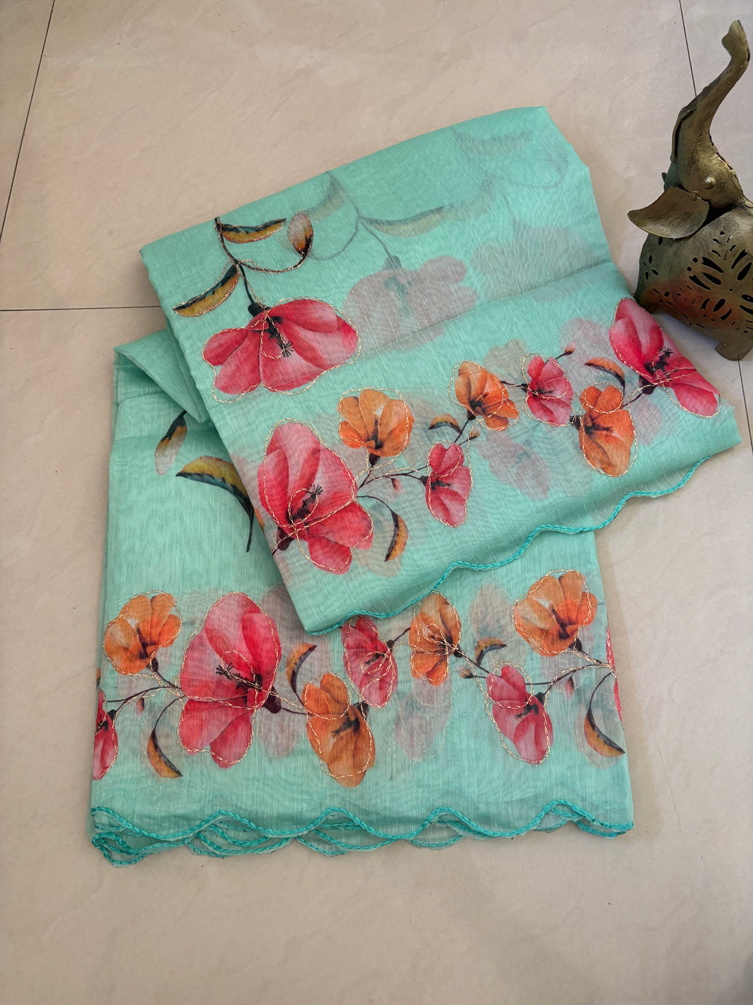 Teal Floral Cotton Saree