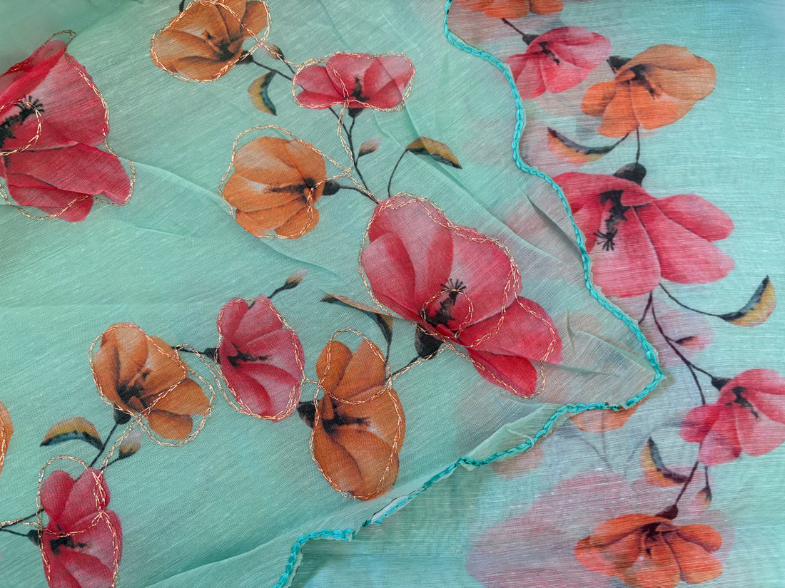 Teal Floral Cotton Saree