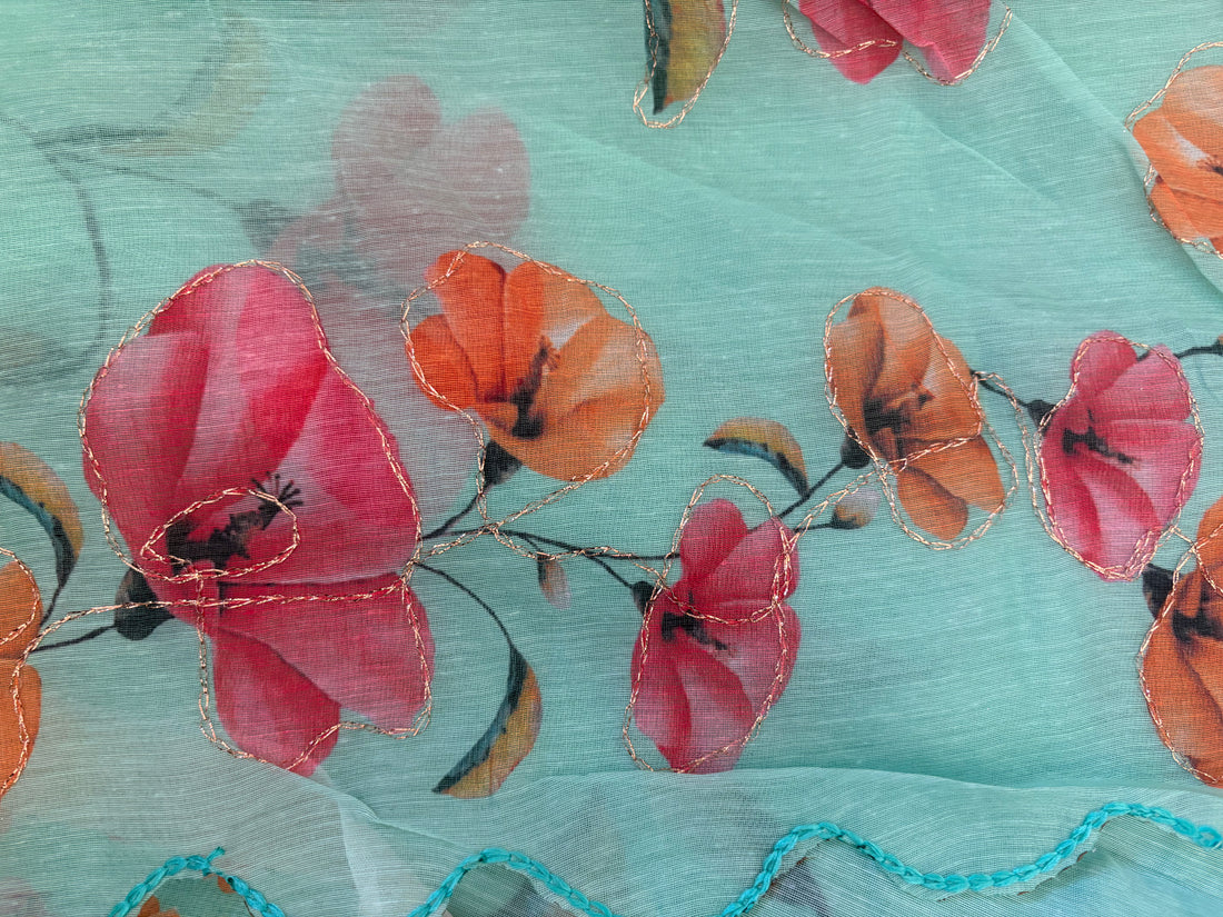 Teal Floral Cotton Saree