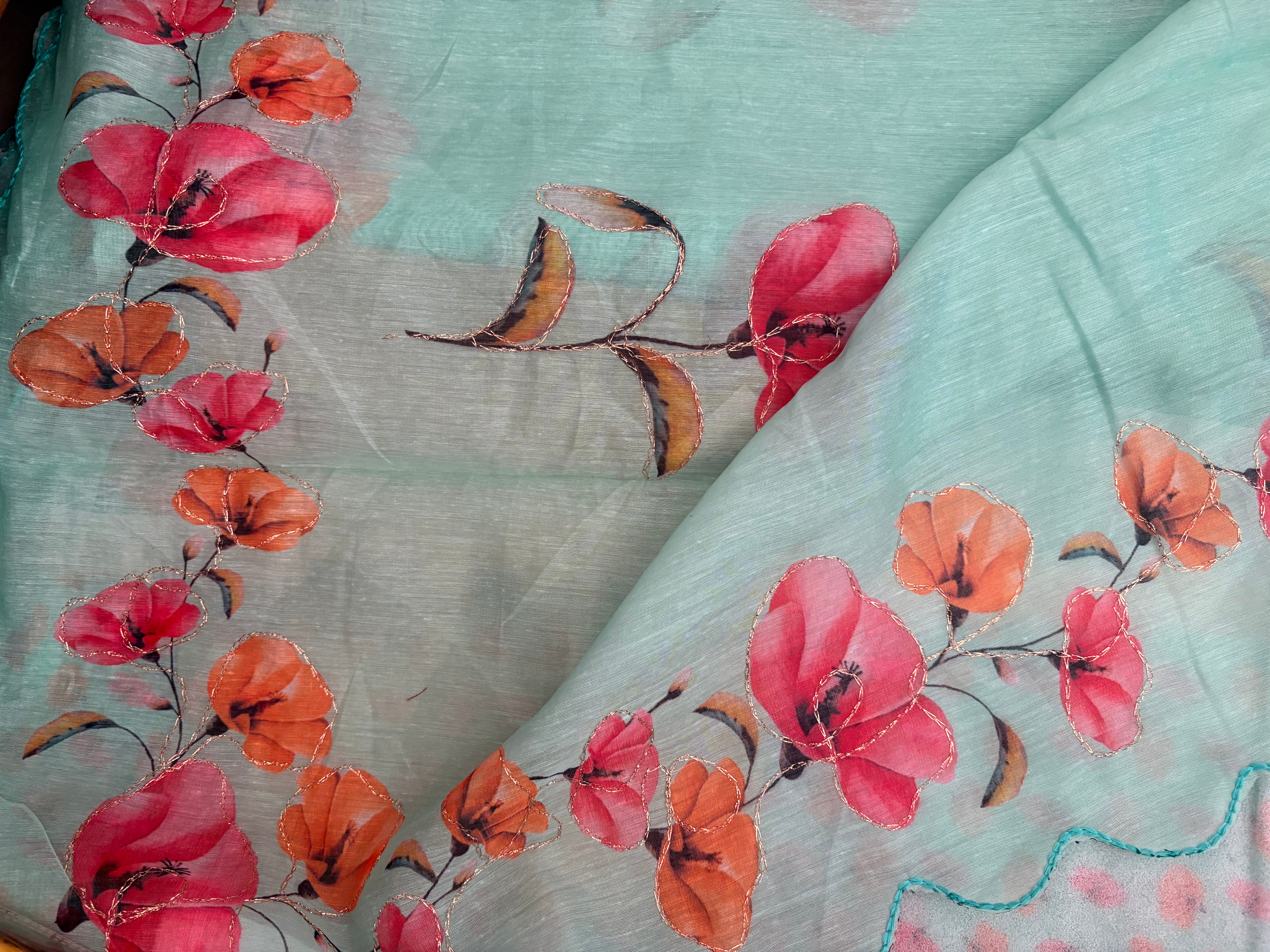 Teal Floral Cotton Saree