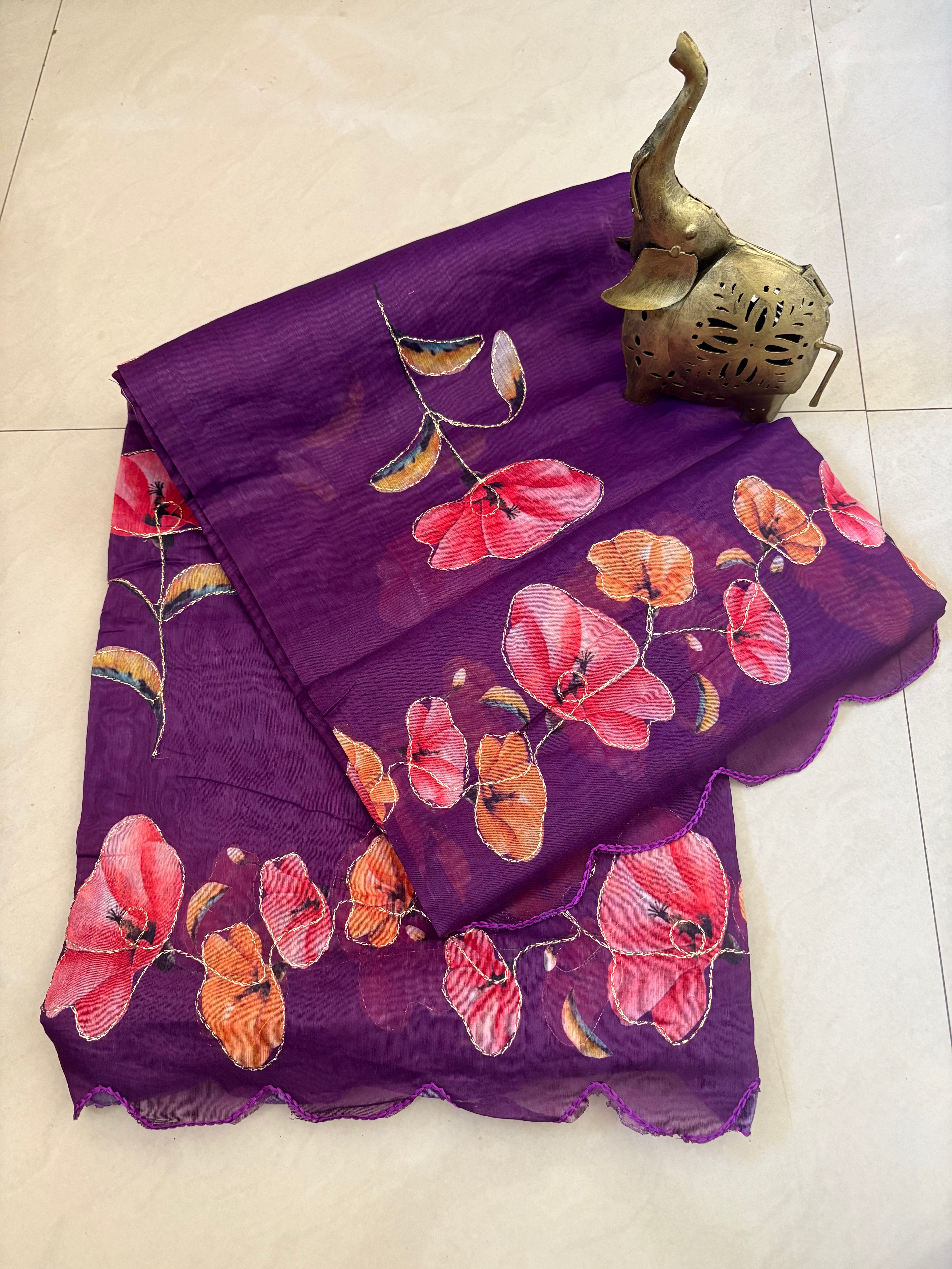 Purple Floral Cotton Saree
