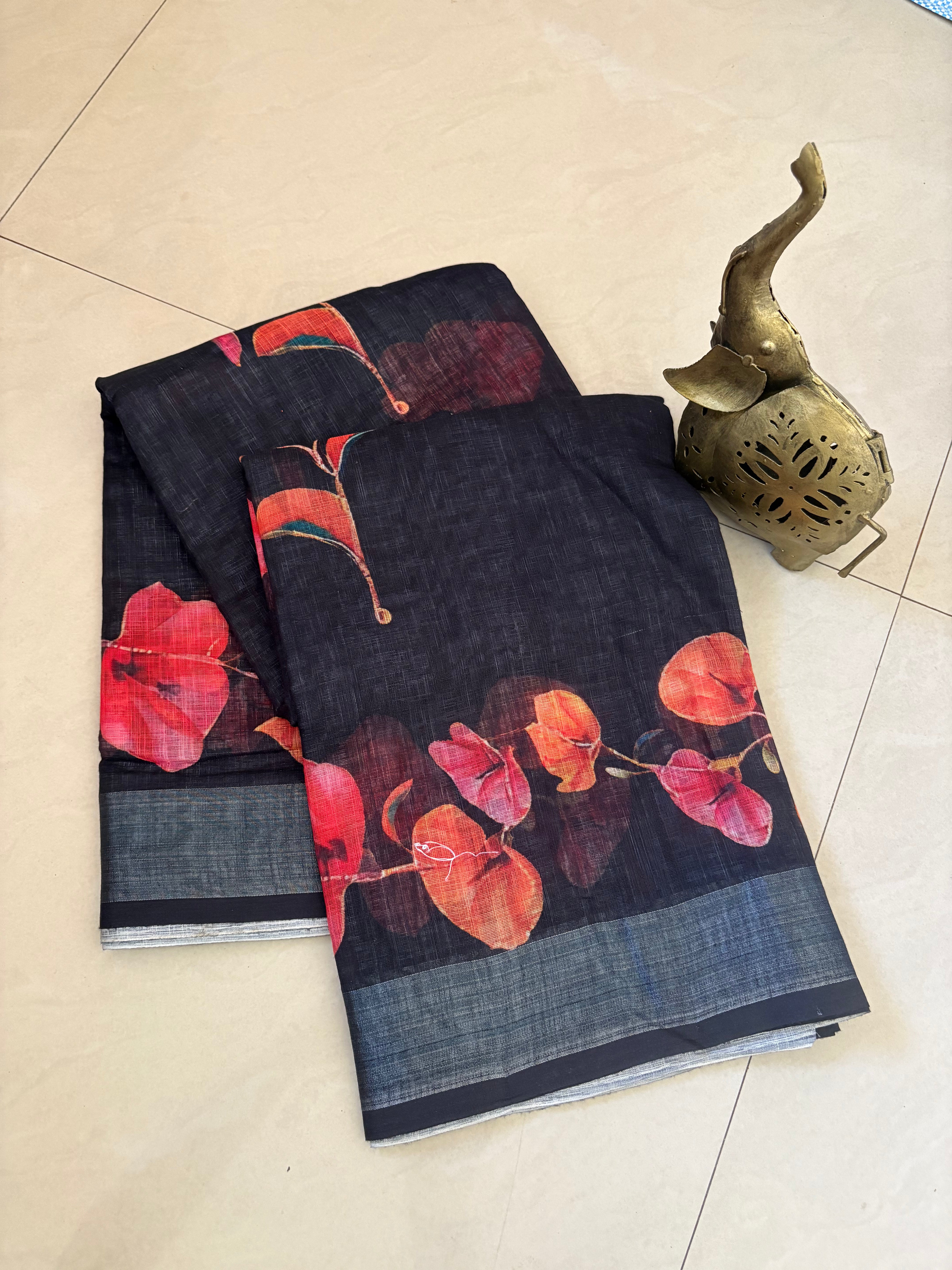 Black Floral Cotton Saree
