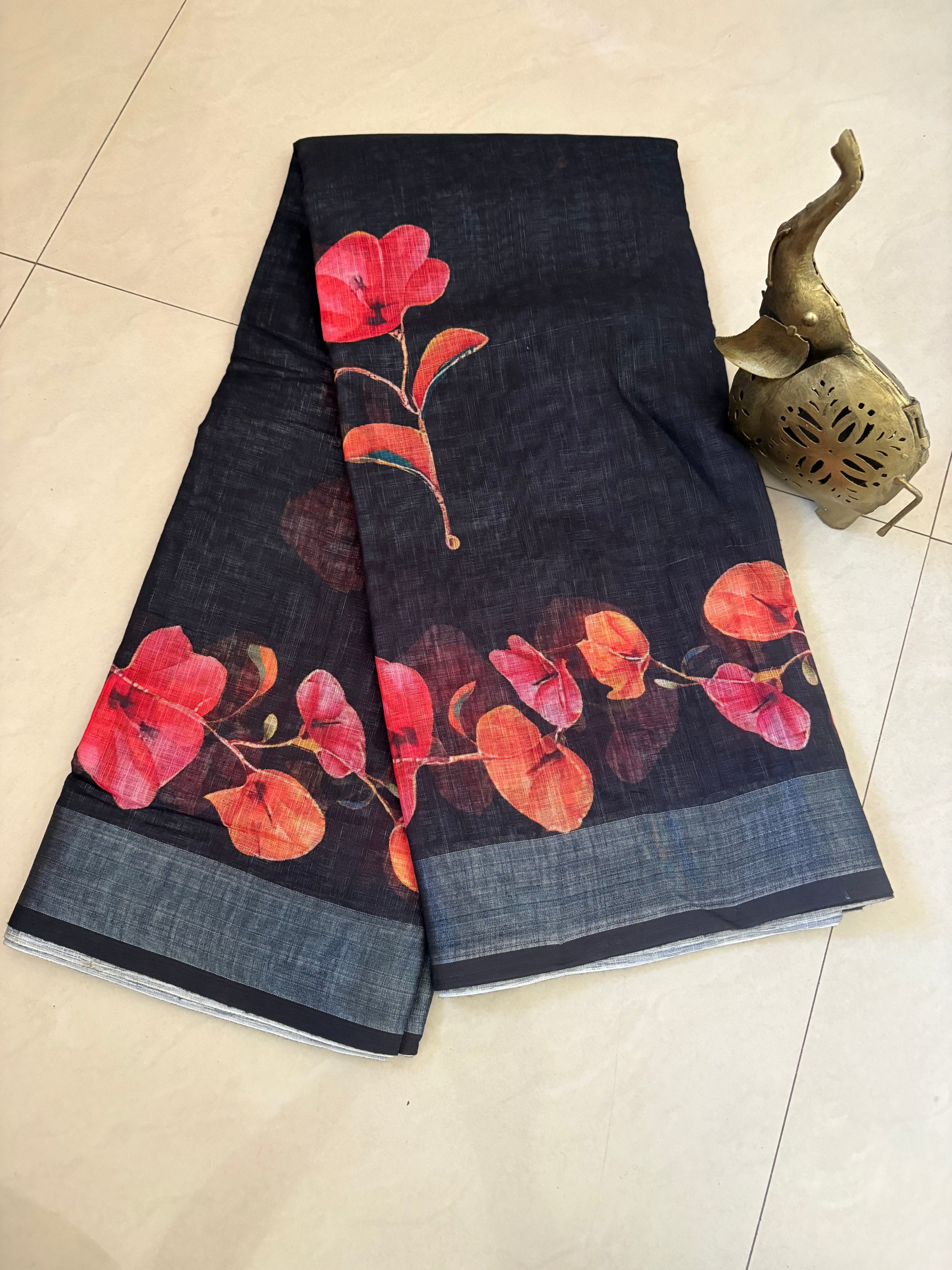 Black Floral Cotton Saree