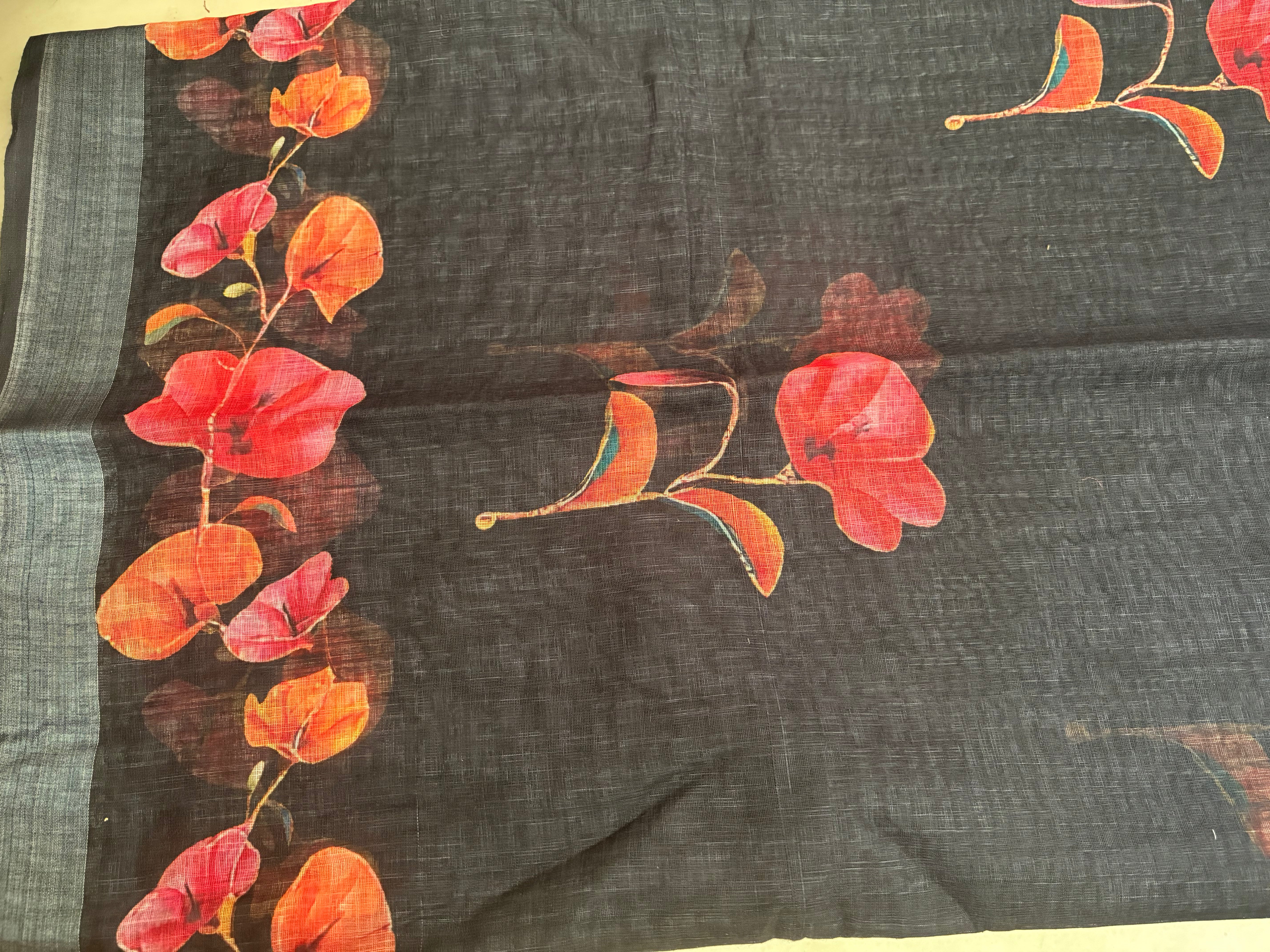 Black Floral Cotton Saree