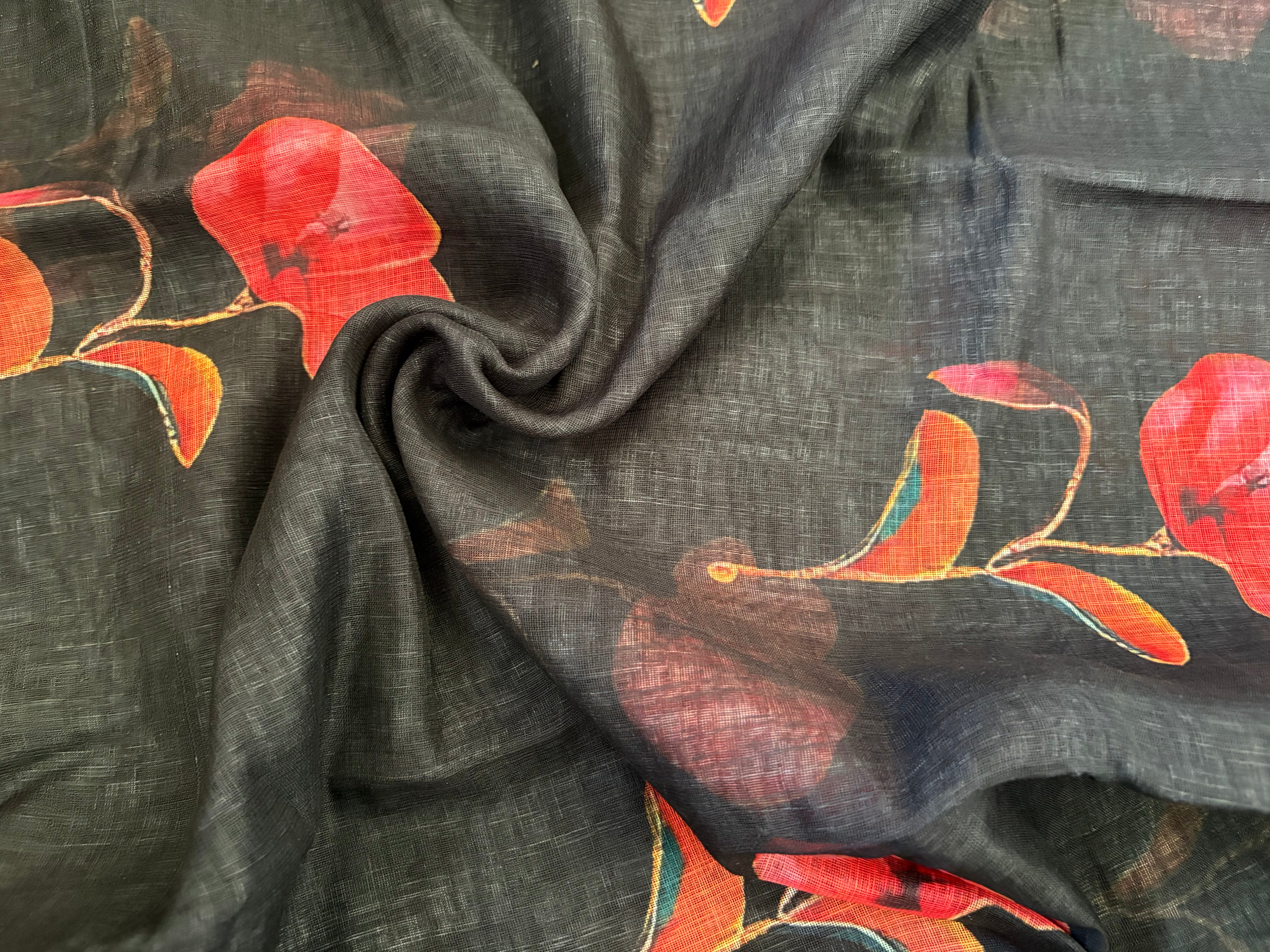 Black Floral Cotton Saree