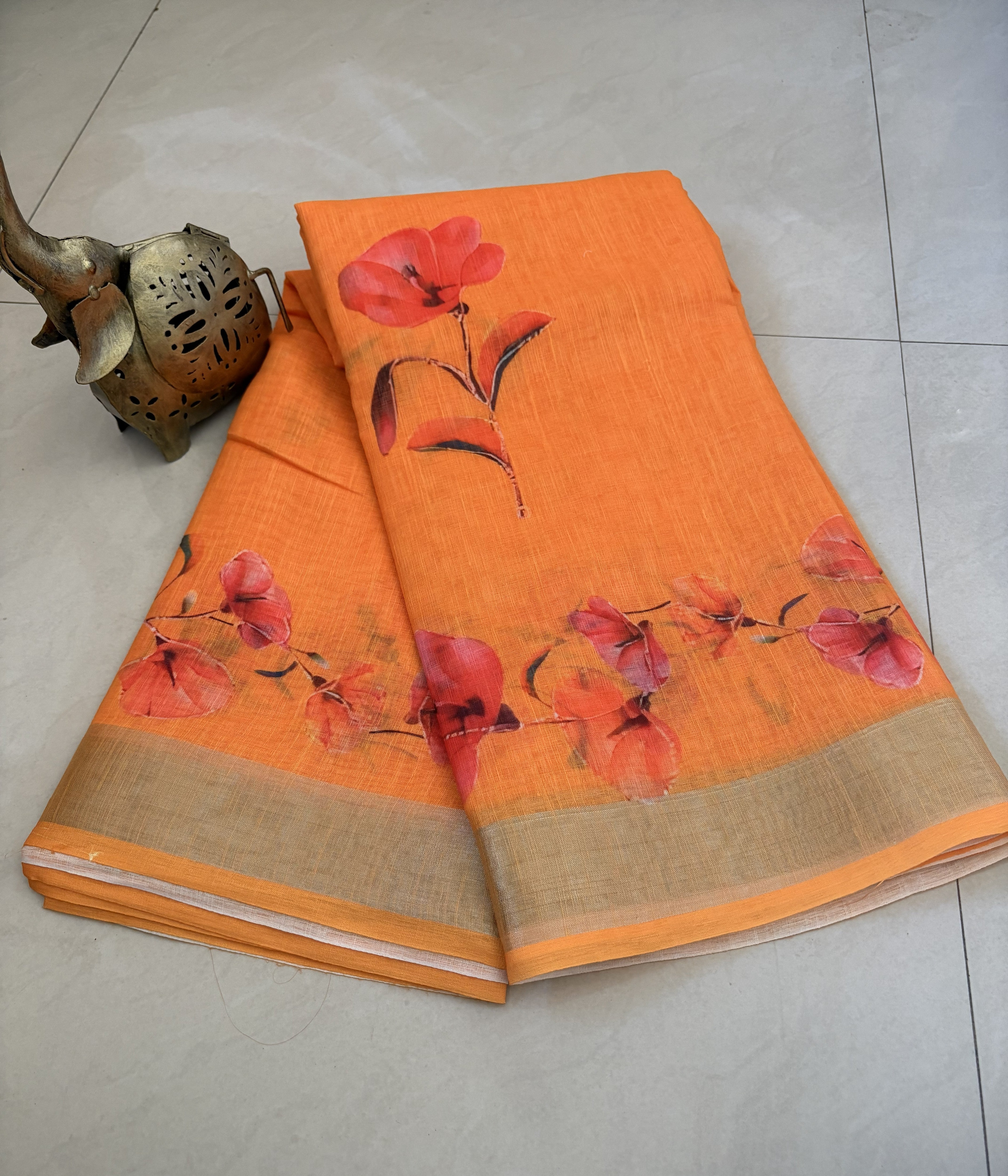 Orange Floral Cotton Saree
