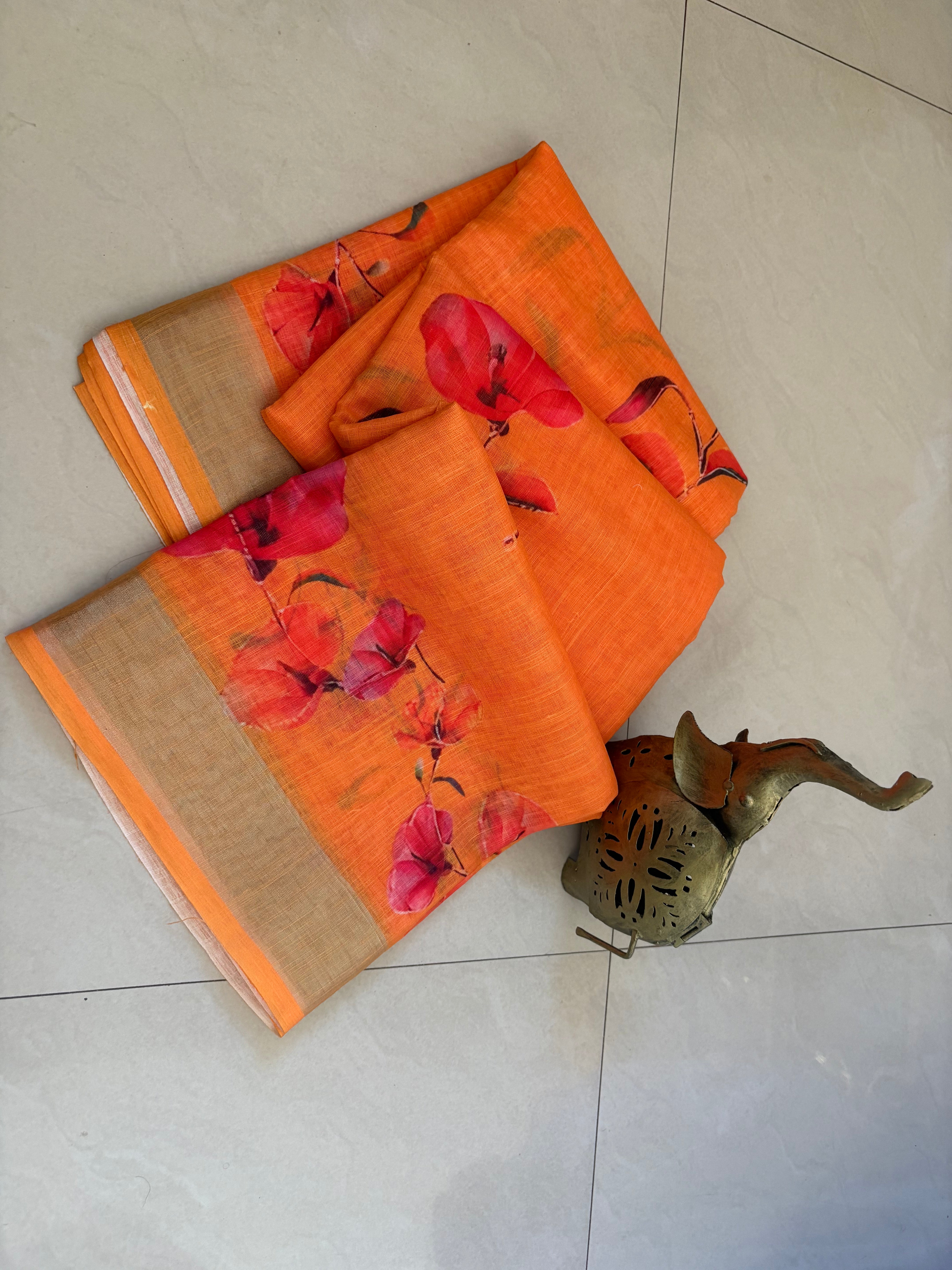 Orange Floral Cotton Saree