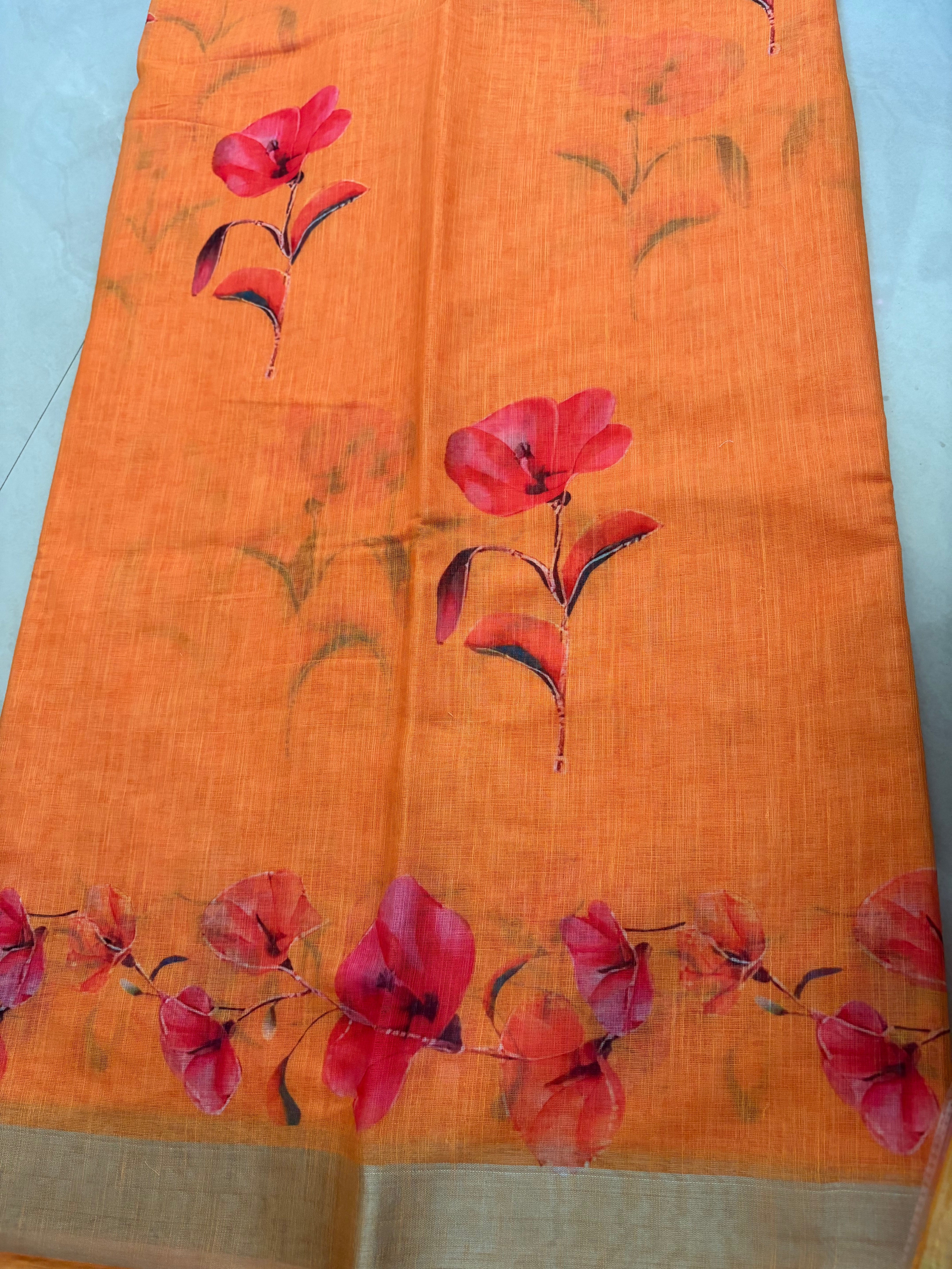 Orange Floral Cotton Saree