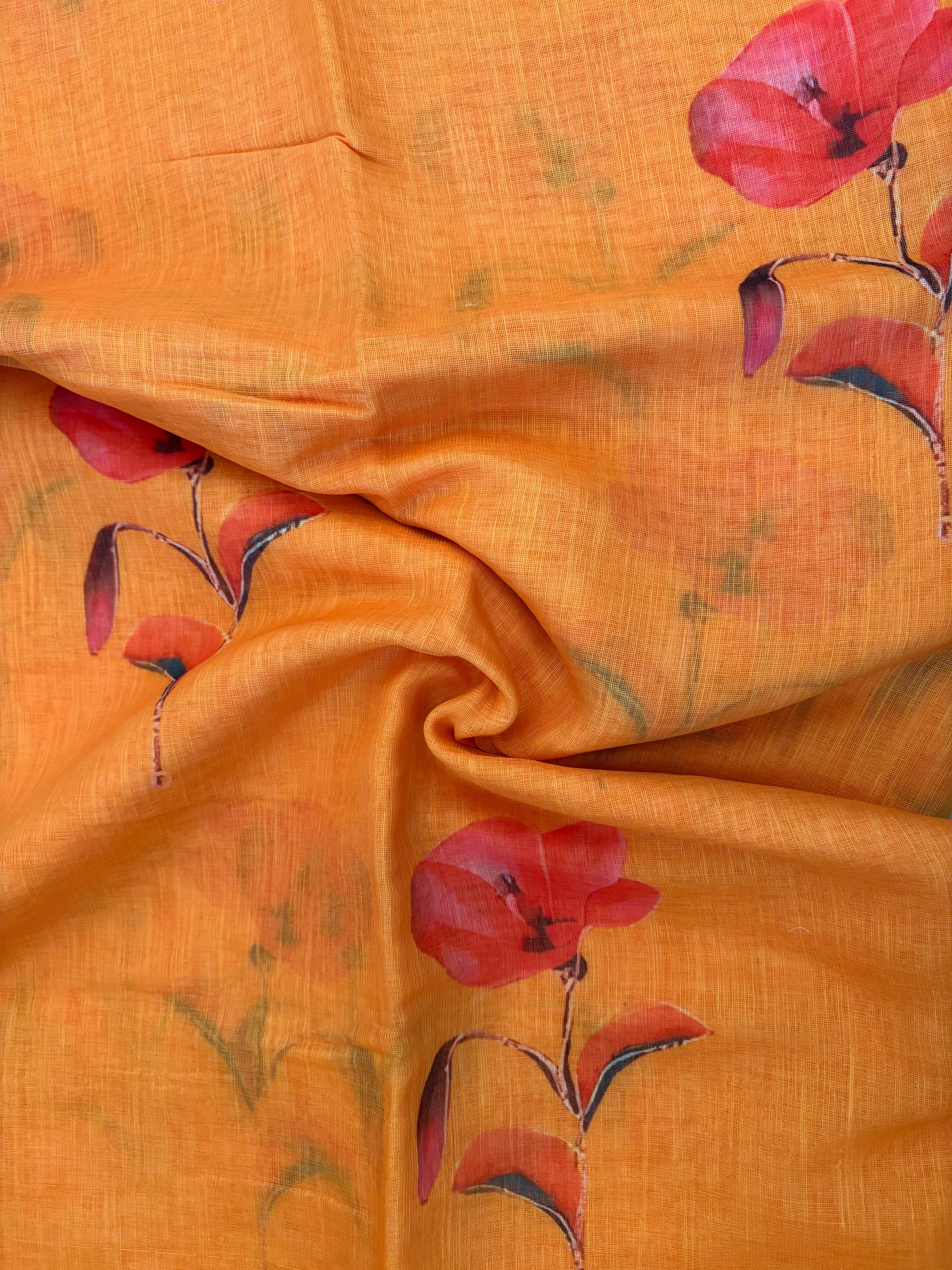 Orange Floral Cotton Saree