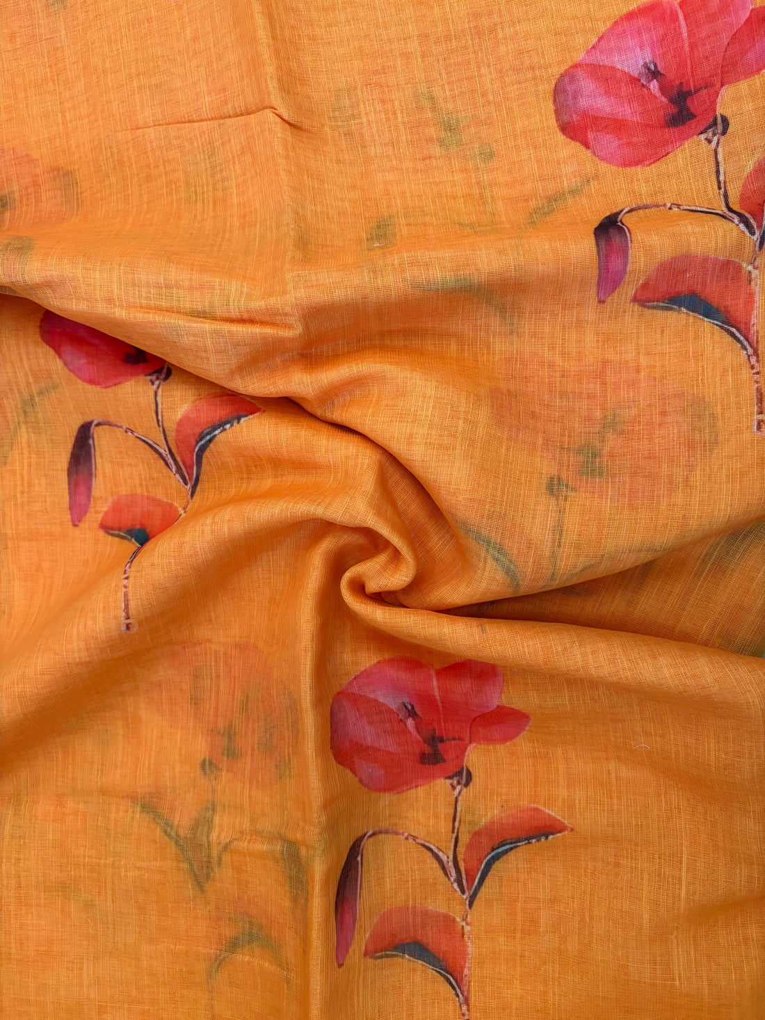 Orange Floral Cotton Saree