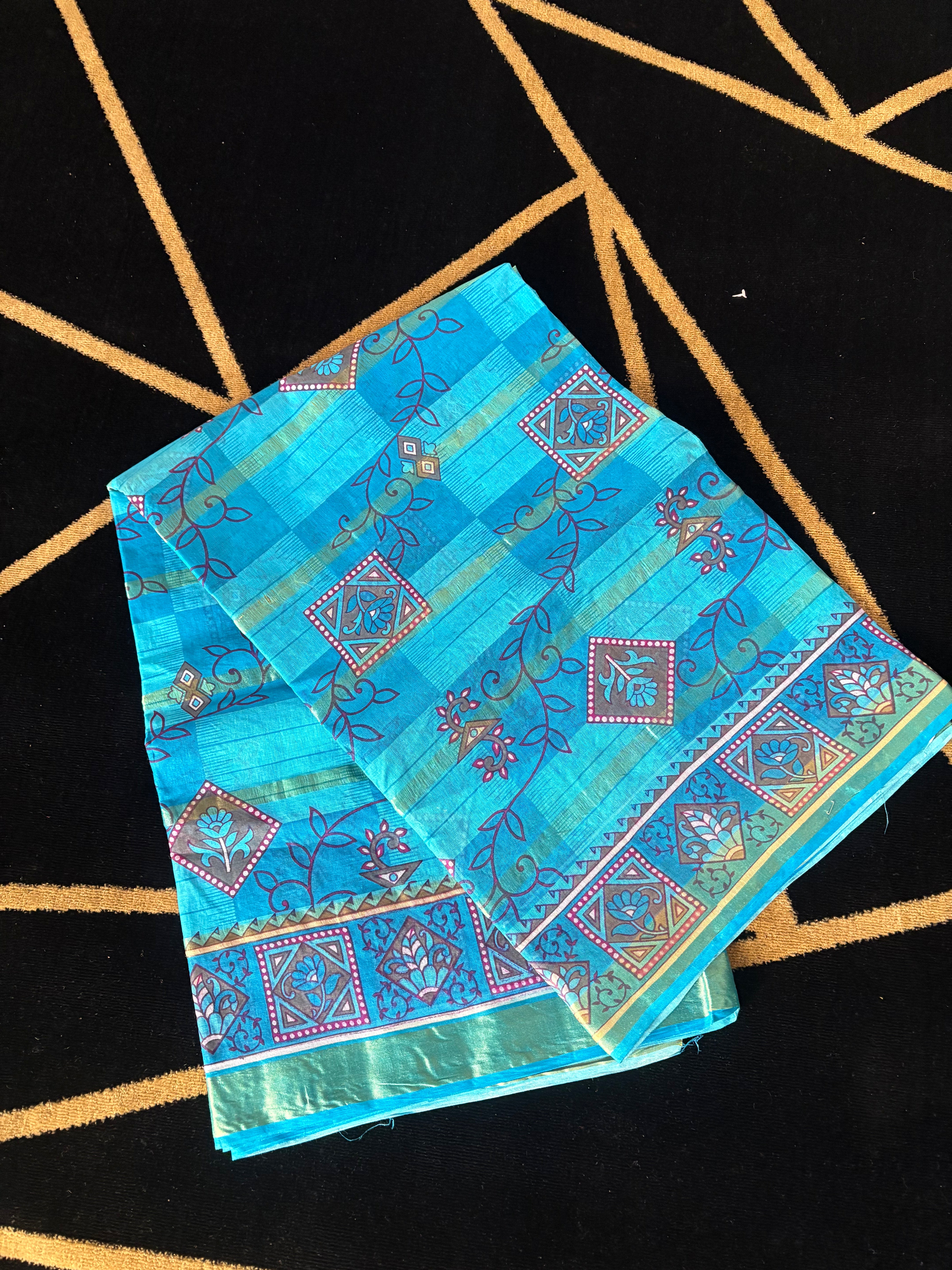 Sky blue printed cotton saree