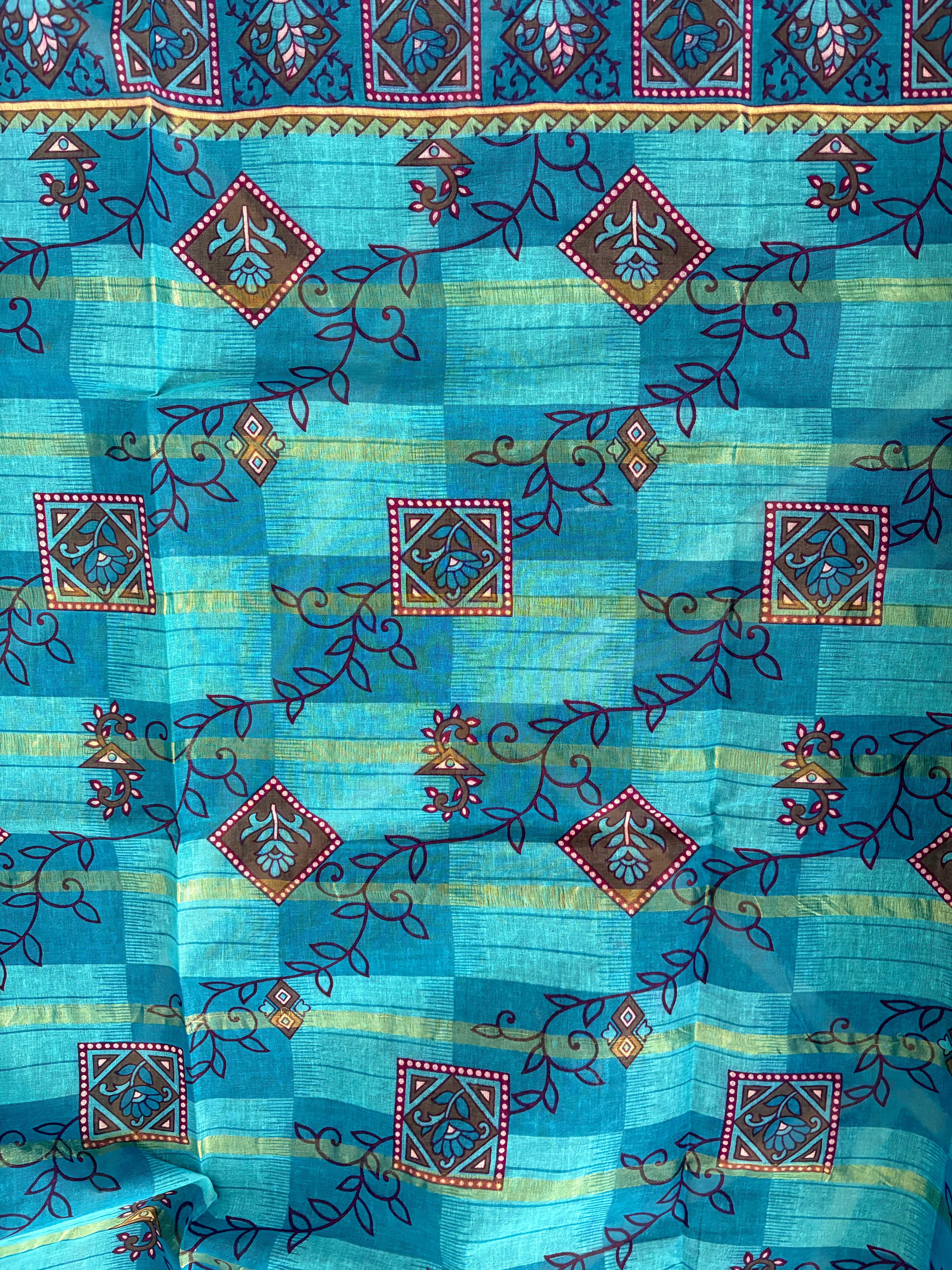 Sky blue printed cotton saree