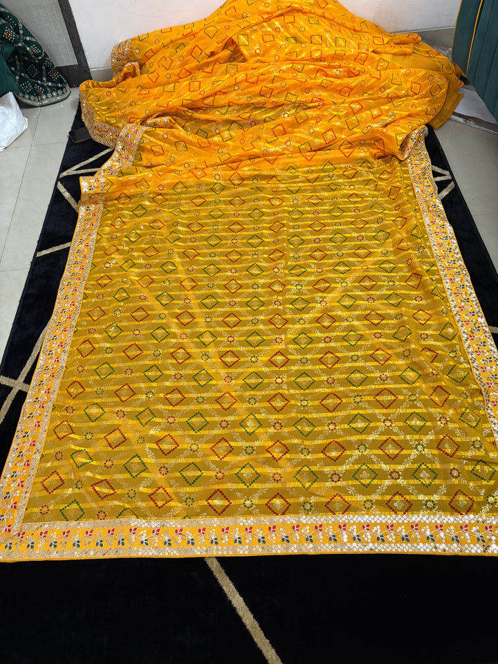 Yellow Bandhani heavy Zari saree